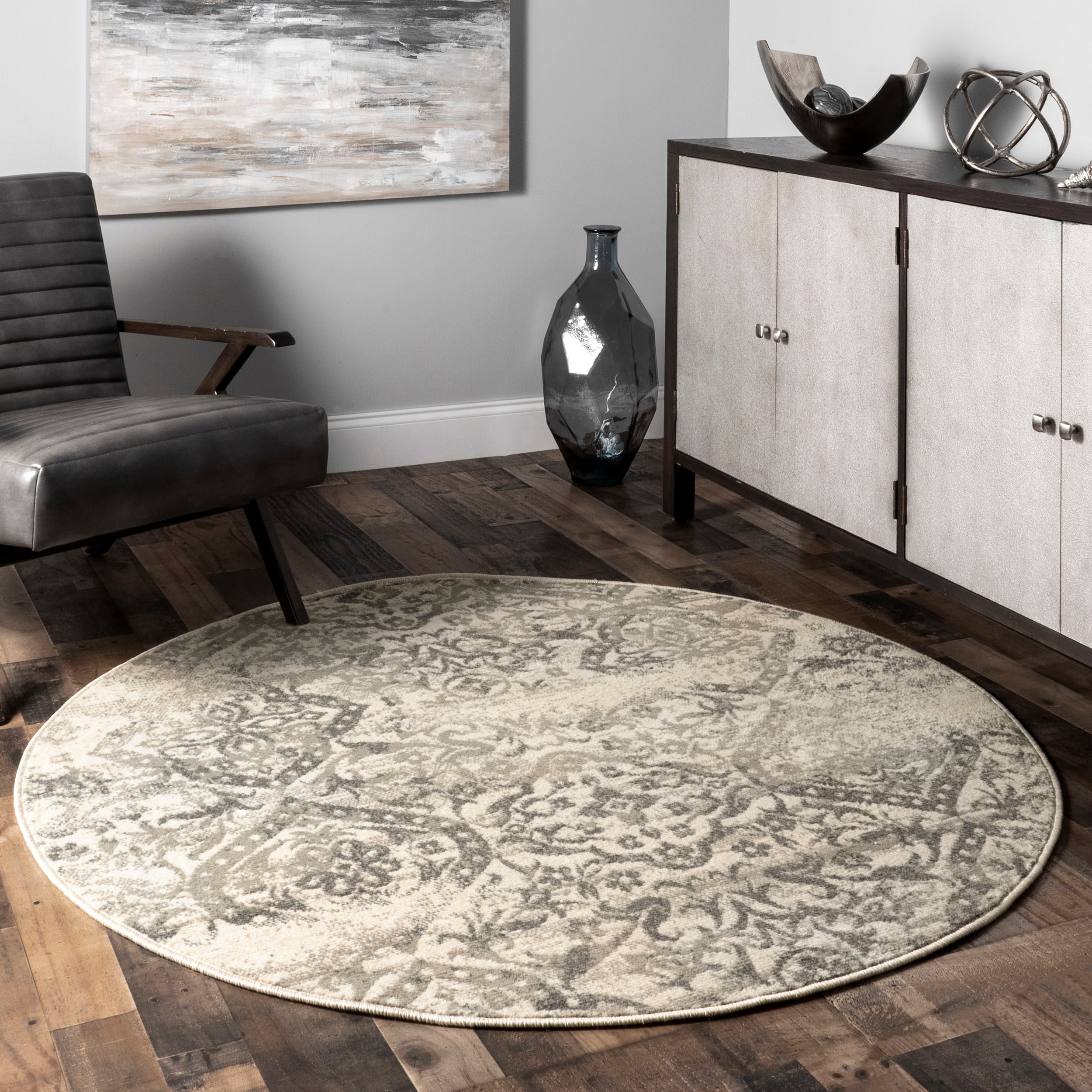 nuLOOM OWMN06A-R808 8 x 8 (ft) Loomed Polypropylene Gray Round Indoor Floral/Botanical Area rug