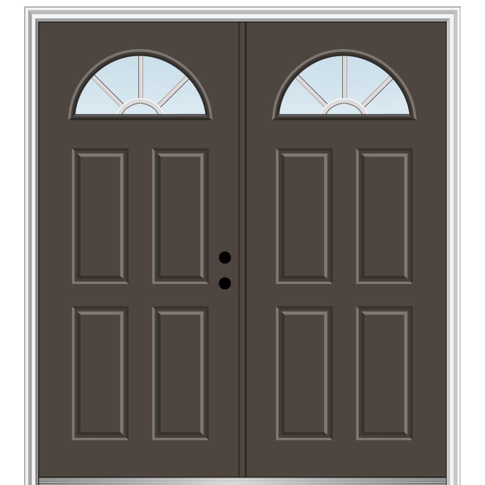 MMI DOOR ZZ05159L 72-in x 80-in x 4-9/16-in Fiberglass 1/4 lite Left-hand inswing Brown Painted Prehung Double Front Door with Brickmould Insulating core with Grilles