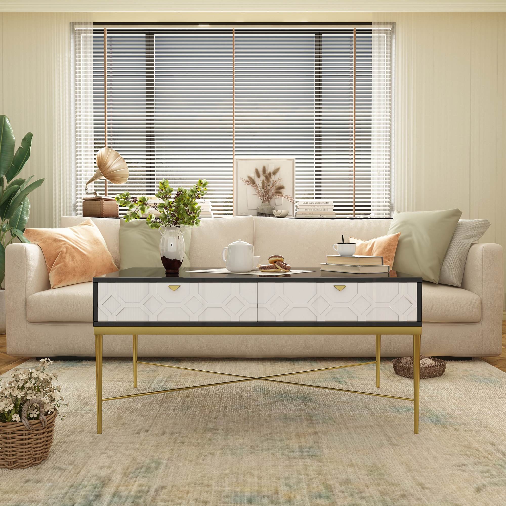 Tatayosi JJ-347453 Modern Black and White Coffee Table with 2 Drawers Living Room Storage Table