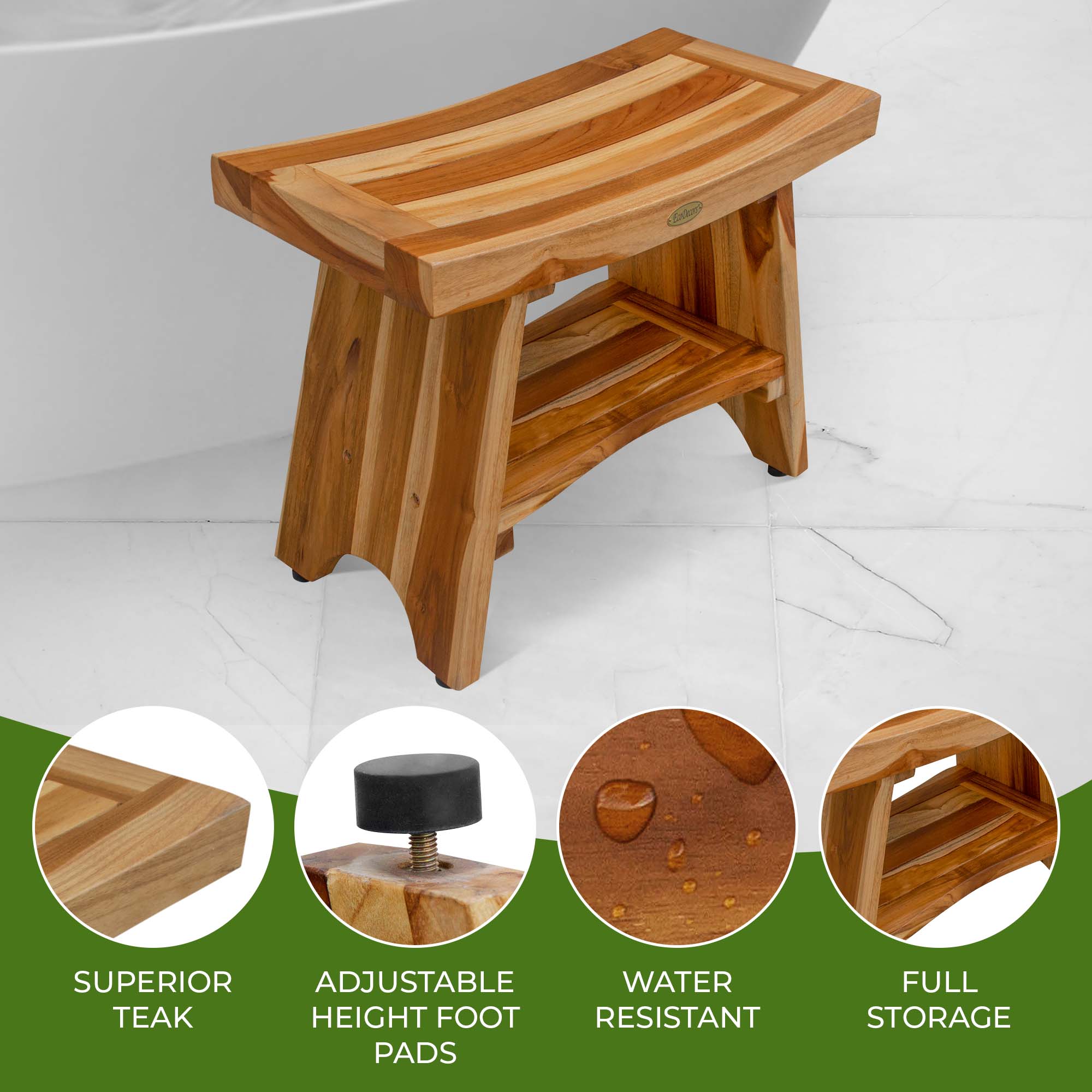 EcoDecors Natural Teak Freestanding Shower Bench