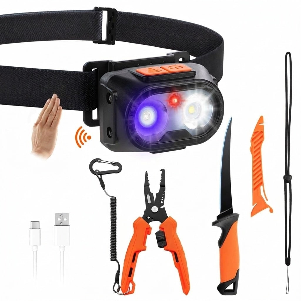 Vrbgify 5 Piece Fishing Tool Set with 5 Mode LED Headlamp 7.5 Inch Stainless Steel Fishing Pliers 7 Inch Filet Knife Outdoor Kit #LVG0427P72
