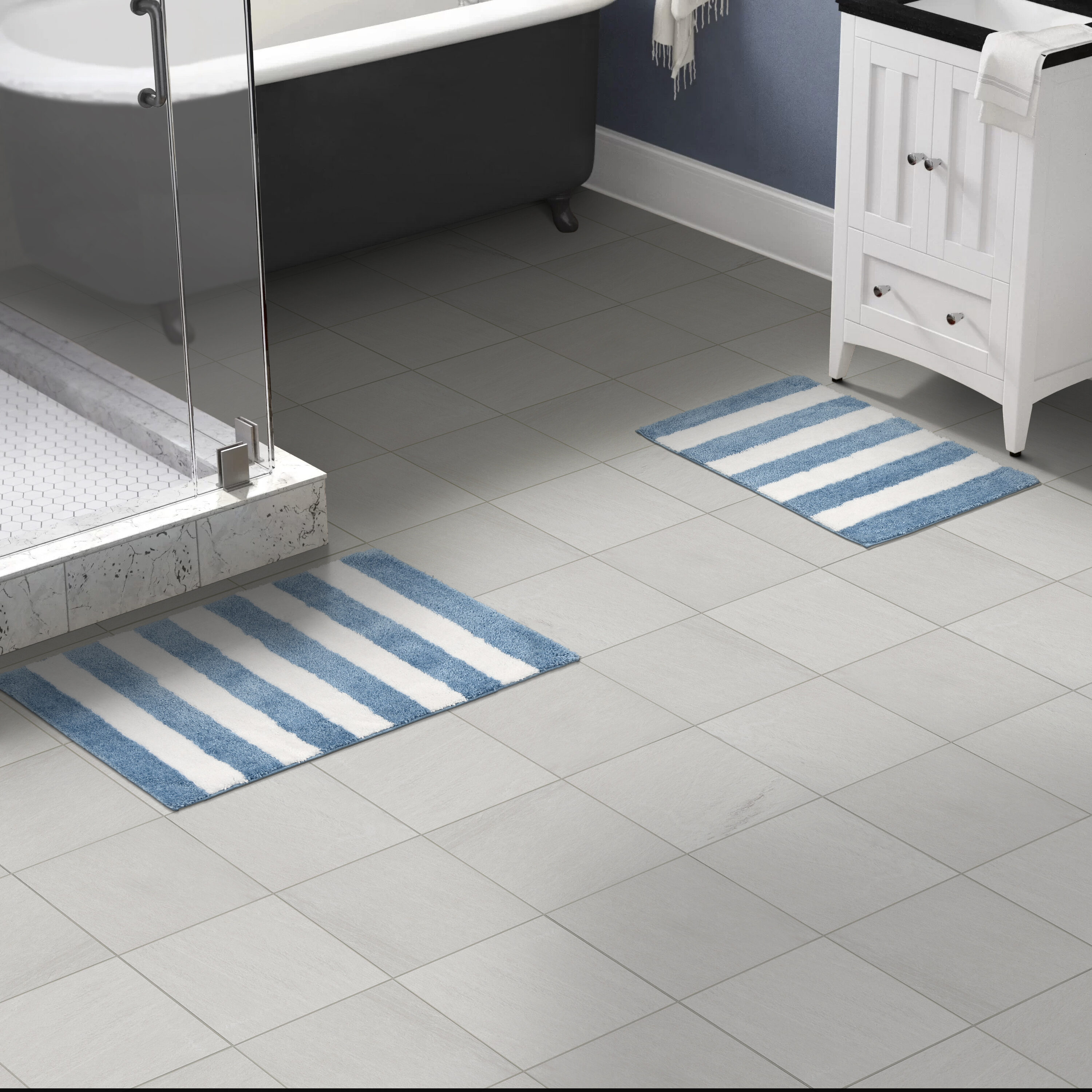 Basin Blue and White Striped Washable Nylon Bath Rug Set
