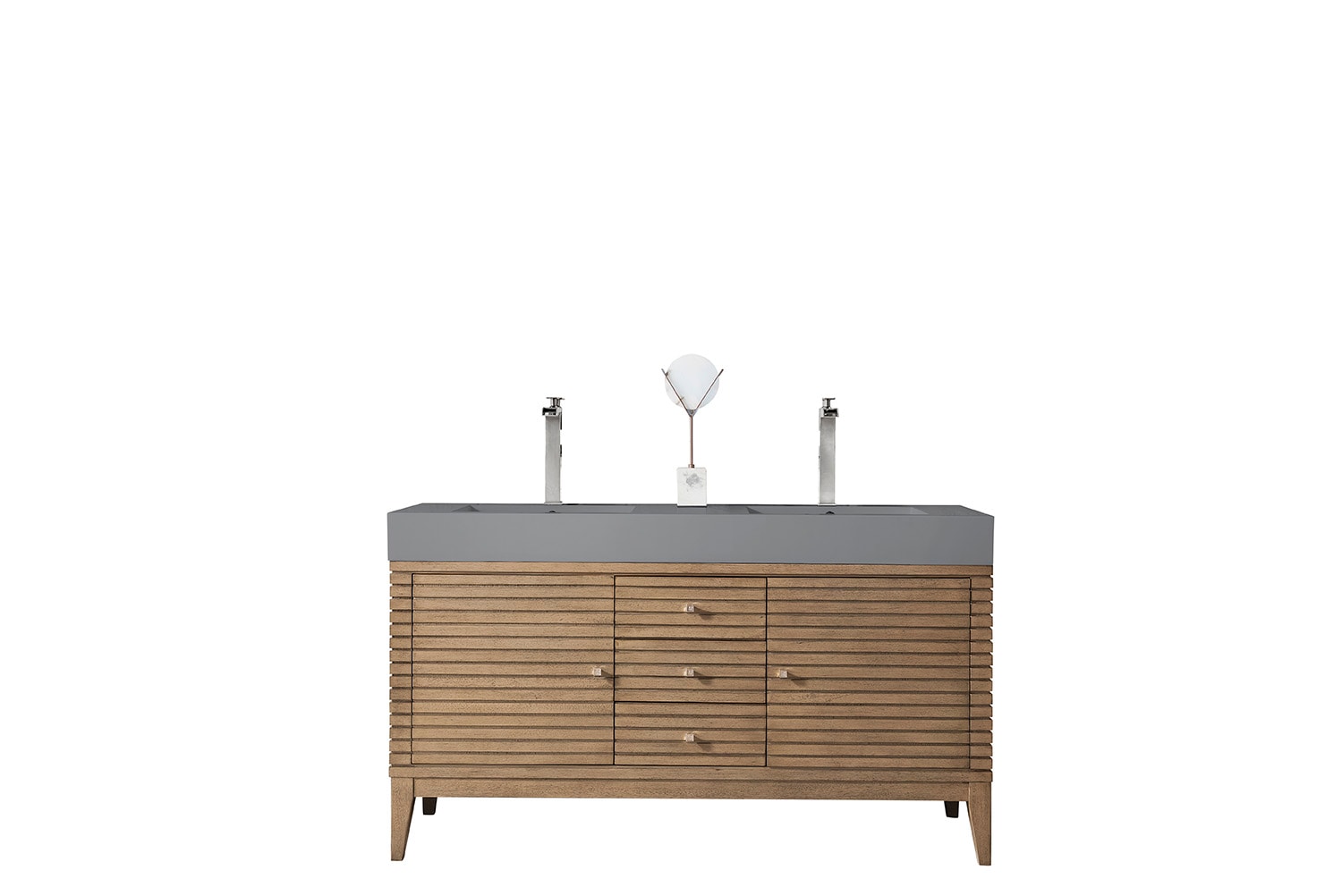 James Martin Vanities 210-V59D-WW-DGG Linear 59-in Whitewashed Walnut Double Sink Bathroom Vanity with Dusk Grey Glossy Solid Surface Top