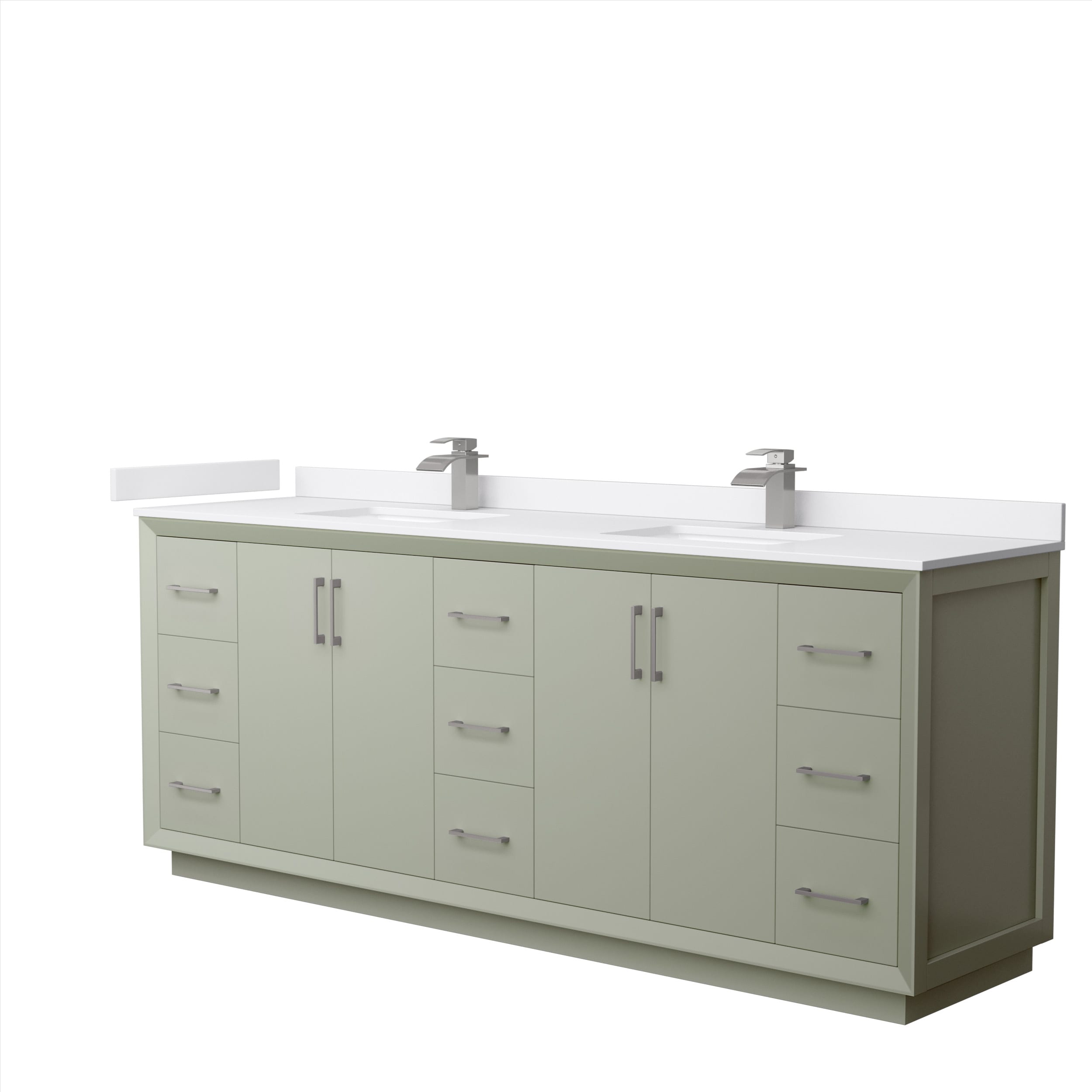Wyndham Collection WCF414184DLGWCUNSMXX Strada 84-in Light Green with Brushed Nickel Trim Undermount Double Sink Bathroom Vanity with White Cultured Marble Top