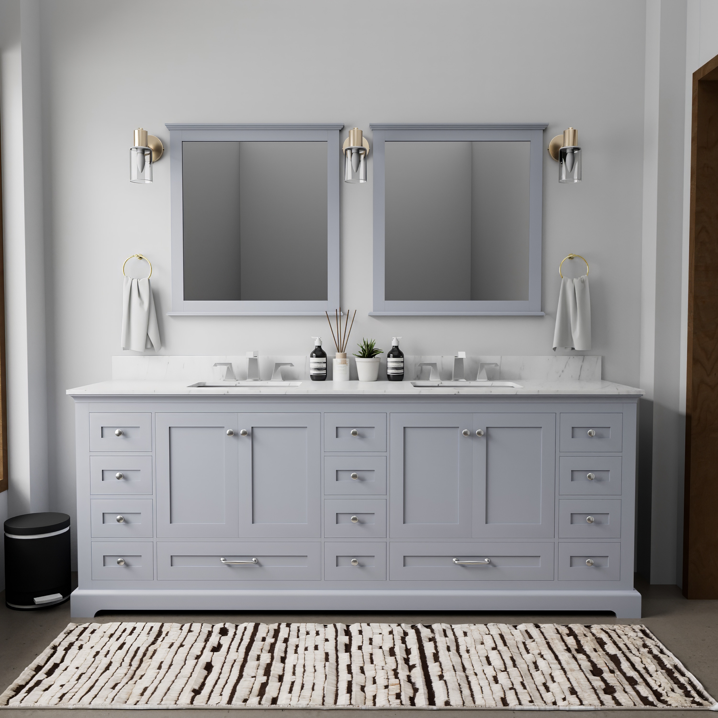 Lexora LD342284DBDSM34F Dukes 84-in Dark Grey Undermount Double sink Bathroom Vanity with White Marble Top (Mirror Included) (Faucet Included)