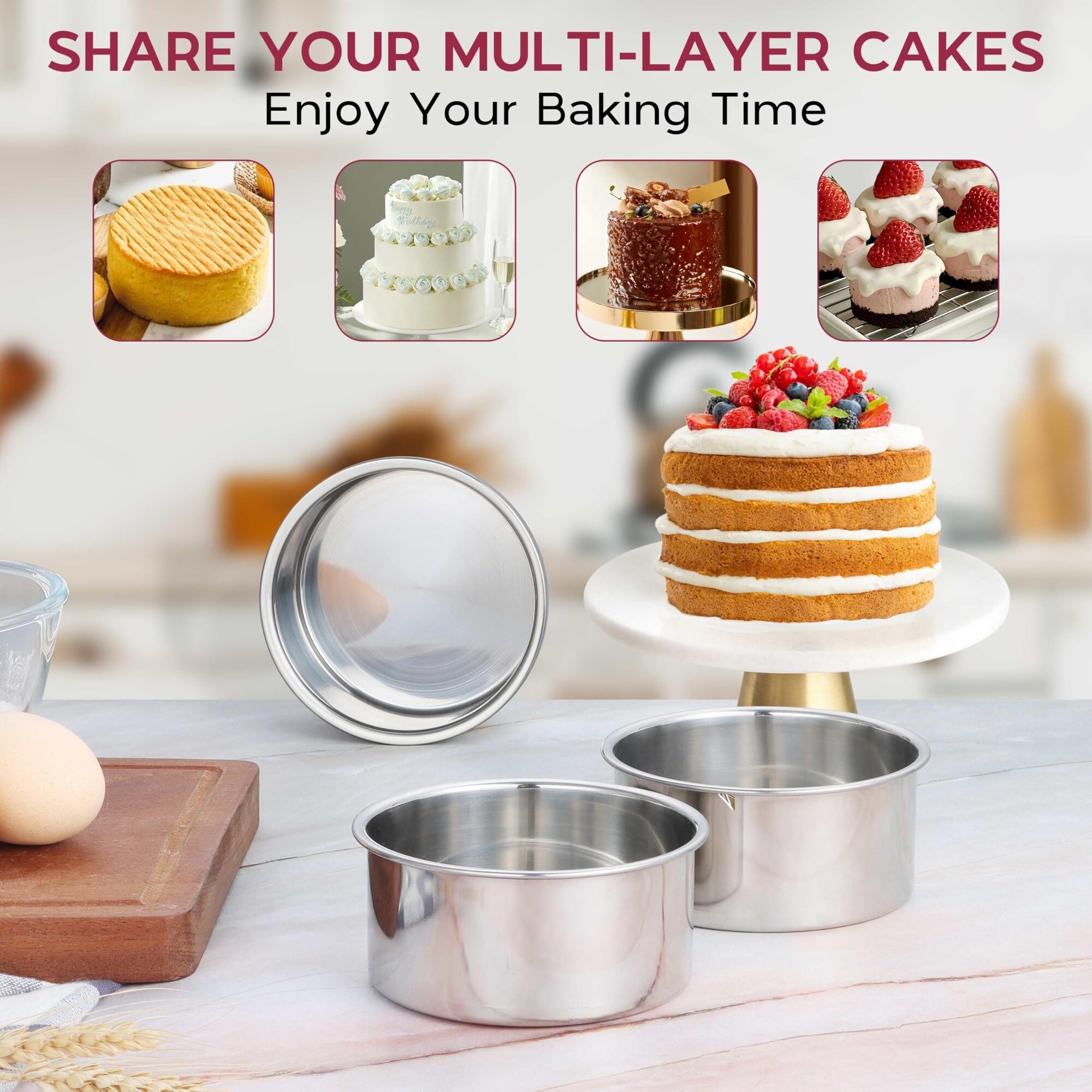 DHMHD 4 Inch Cake Pans Set of 8 Stainless Steel Mini Round Baking Pans ...