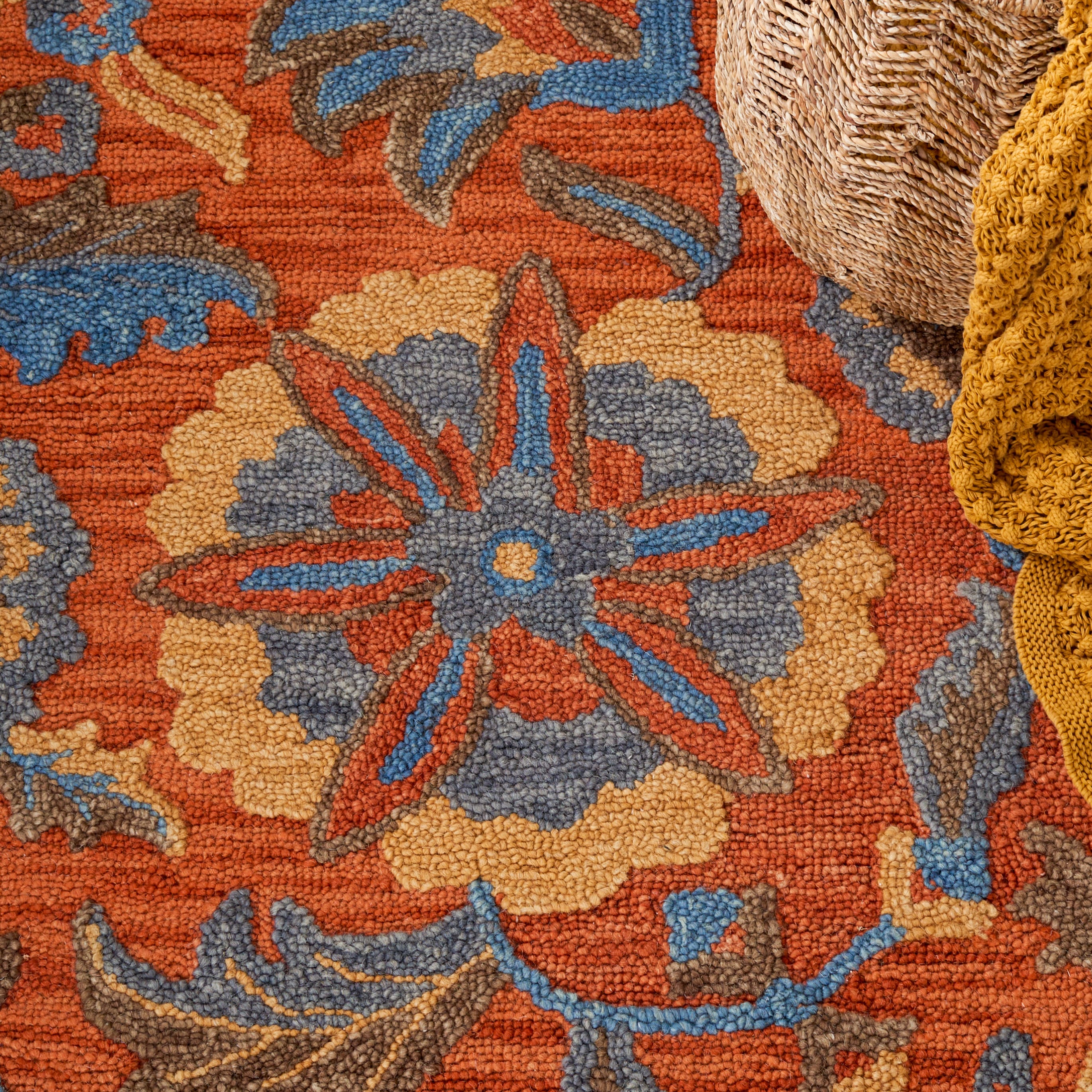 Rust and Blue Floral Wool Handmade Area Rug
