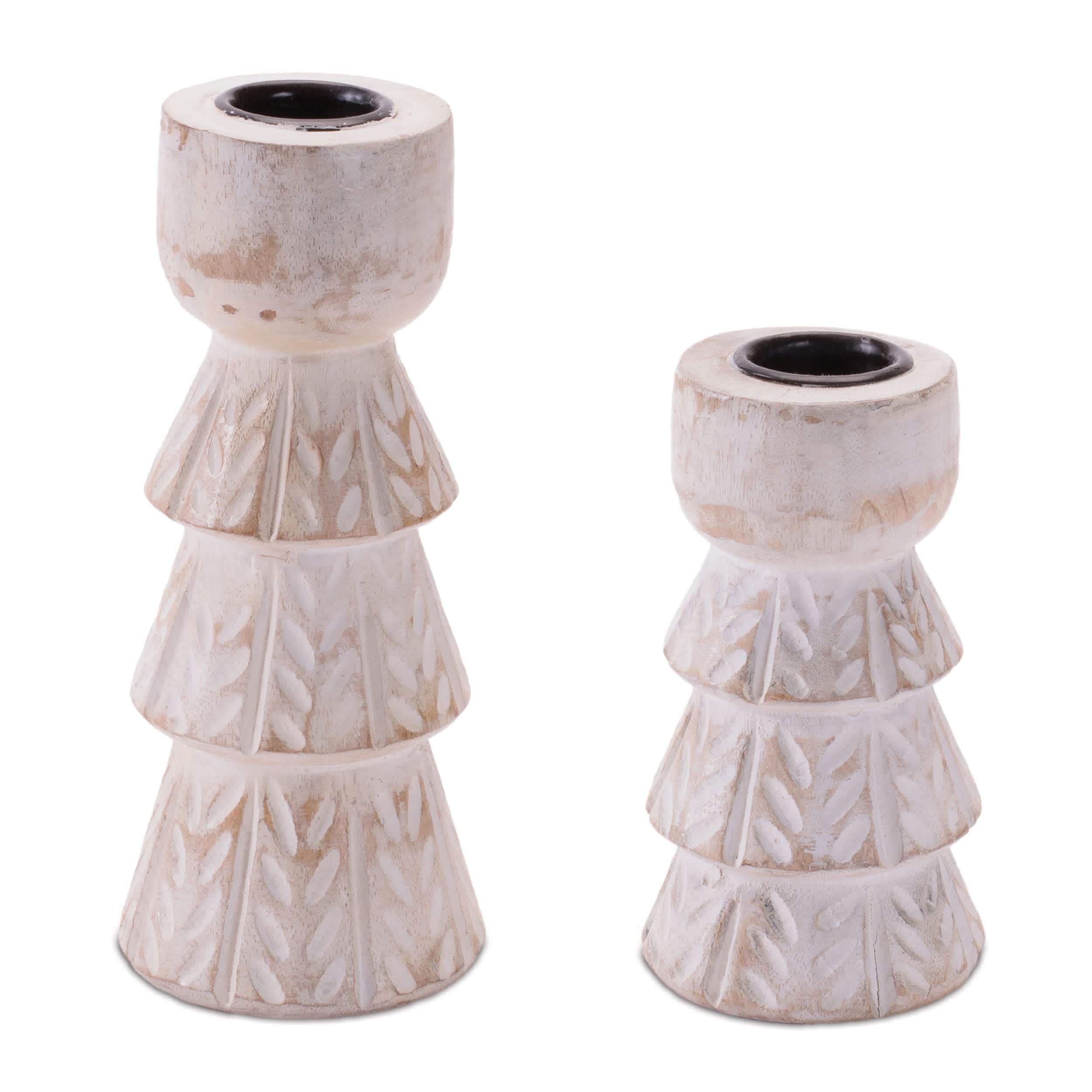 Melrose International White Washed Wood Taper Candle Holder (Set of 2) #97637DS