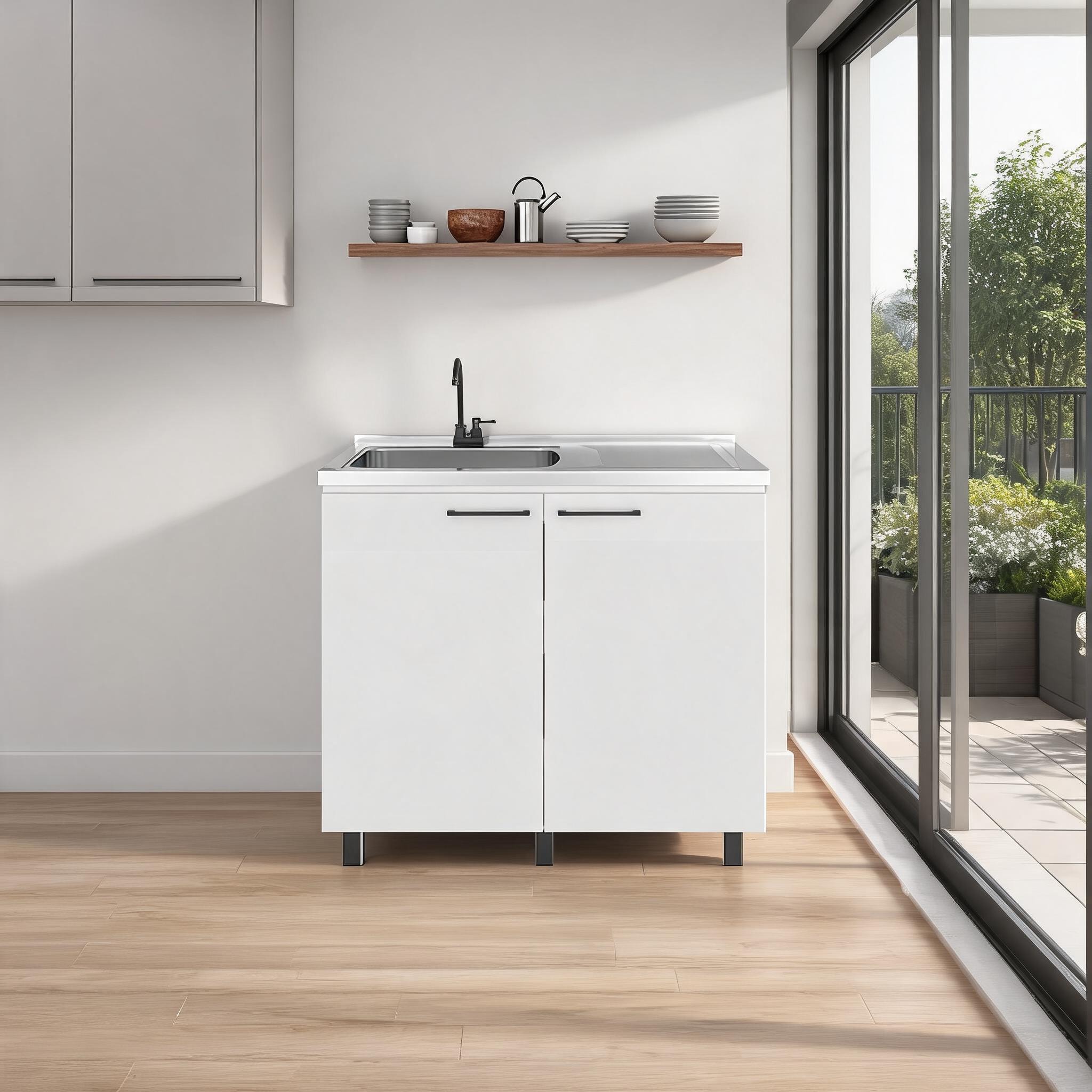 Watnature Kitchen Utility Freestanding Base Cabinet With Integrated Sink Faucet Classic White Engineered Wood #CFUQZCBUM5H4