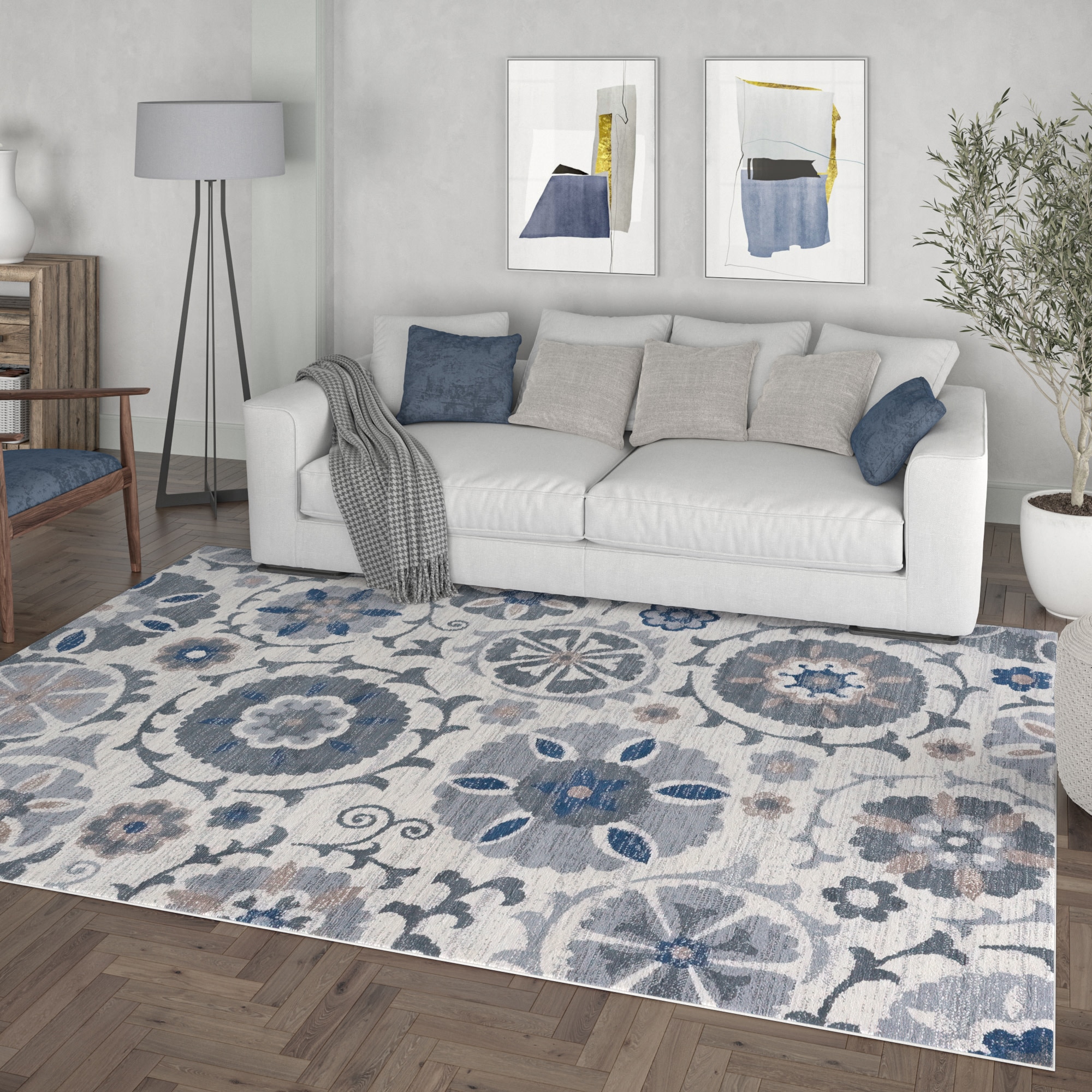 Cream Floral Rectangular Stain-Resistant Area Rug 2' x 3'