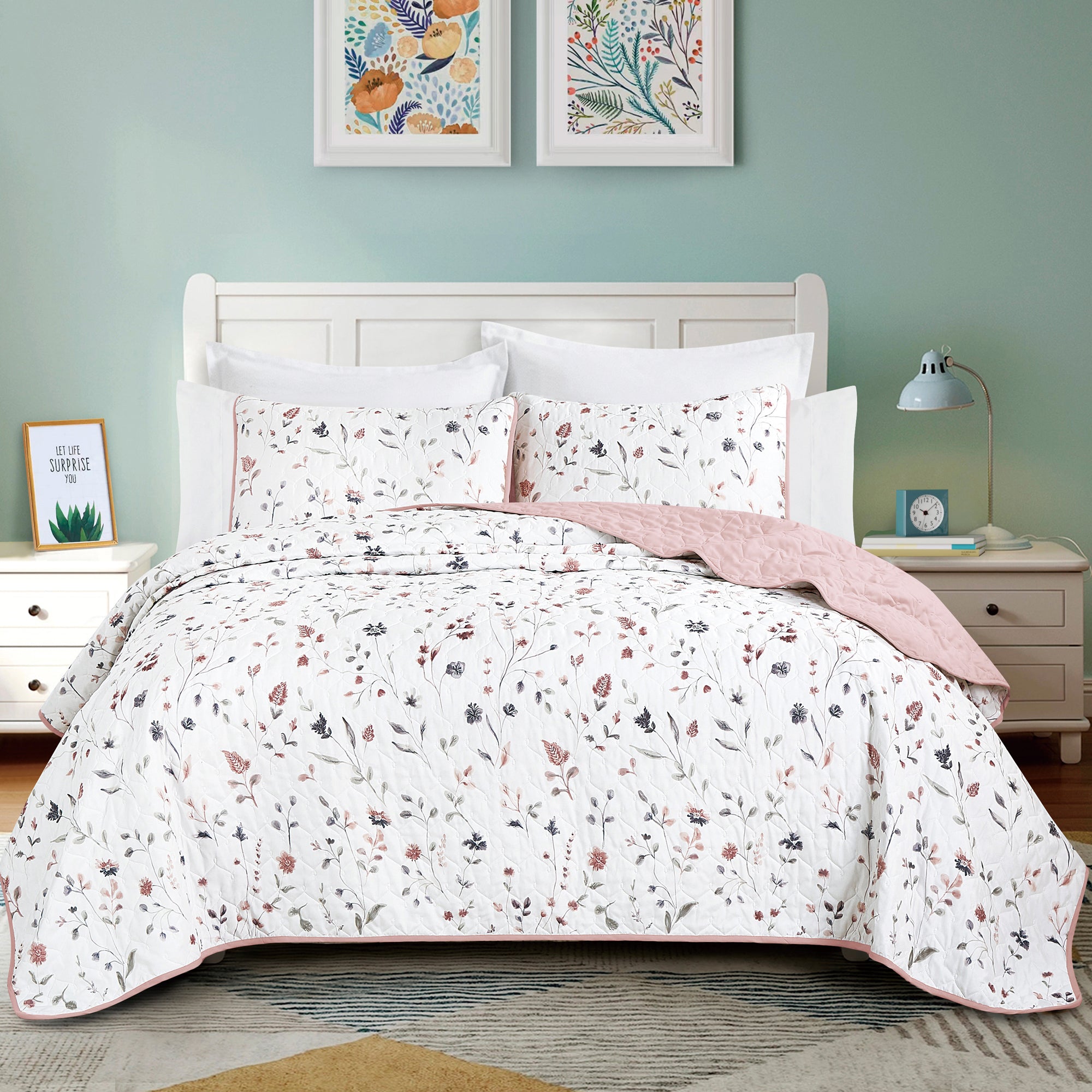 MarCielo 3 Piece Lightweight Quilt Bedspread Set Reversible Floral Botanical