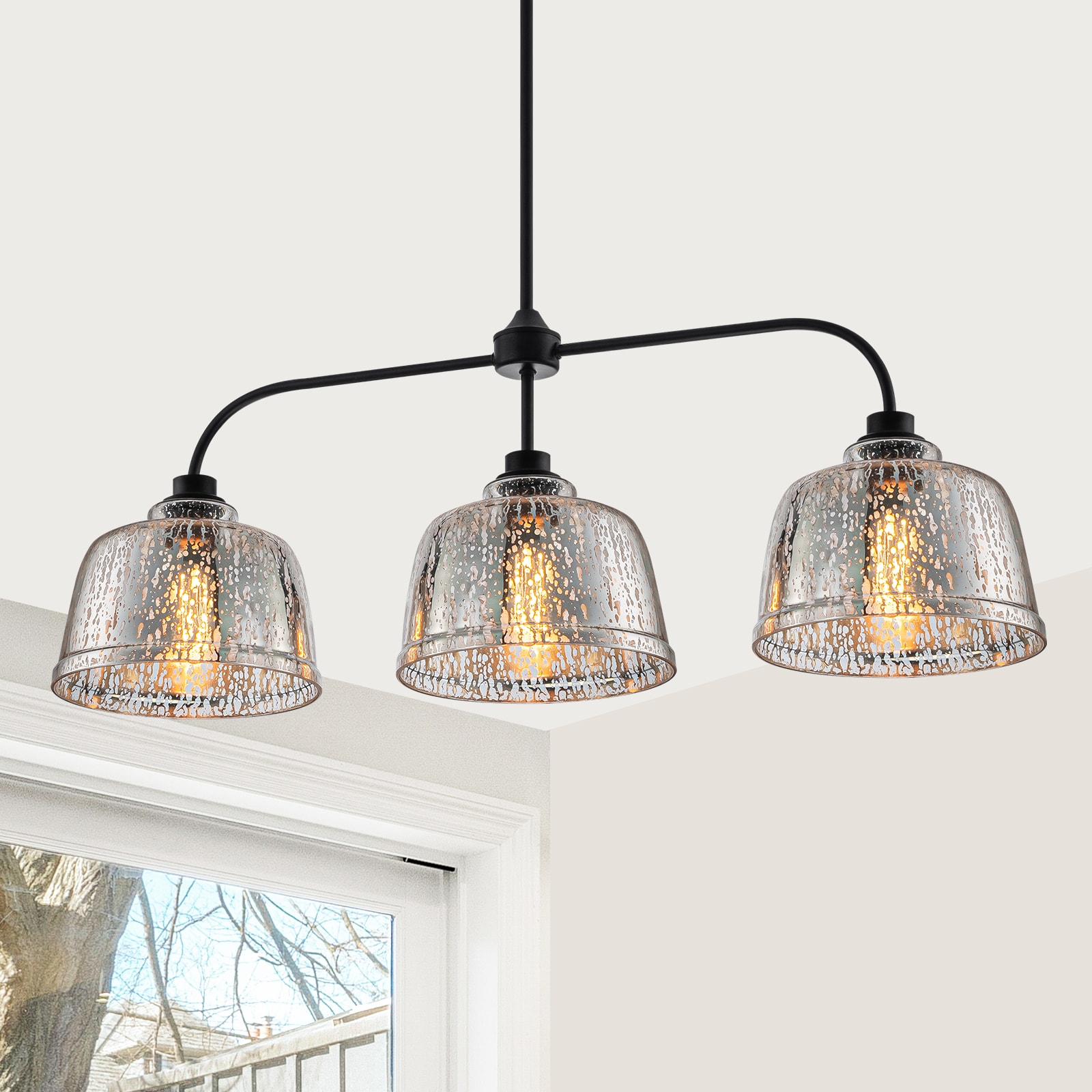 MENCOLULU 38.19 inch Bowl-shaped Pendant Lighting 3 -Light Black Industrial Mercury glass Linear Large Hanging Kitchen Island Light