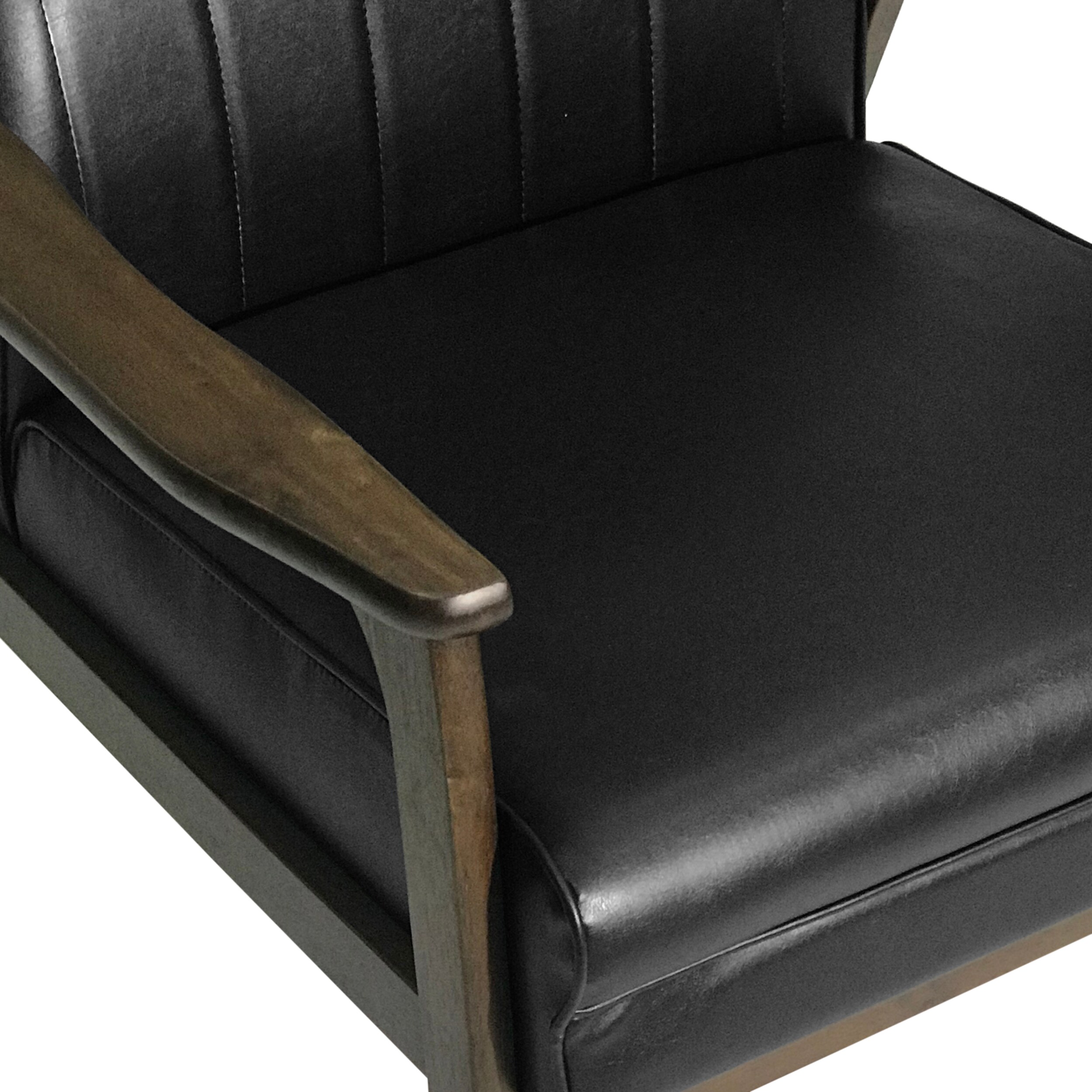 Matte Black Faux Leather and Wood Mid-Century Modern Accent Chair