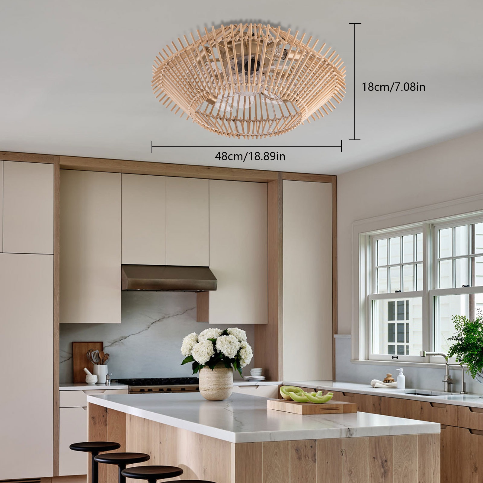 Oukaning JZUCOD6WNSHCX Timing Setting 18.89-in Flush Mount 6-speed Bamboo Strips Lampshade Reversible with ABS Blades Cage Ceiling Fan and Remote ( 5 -Blade )