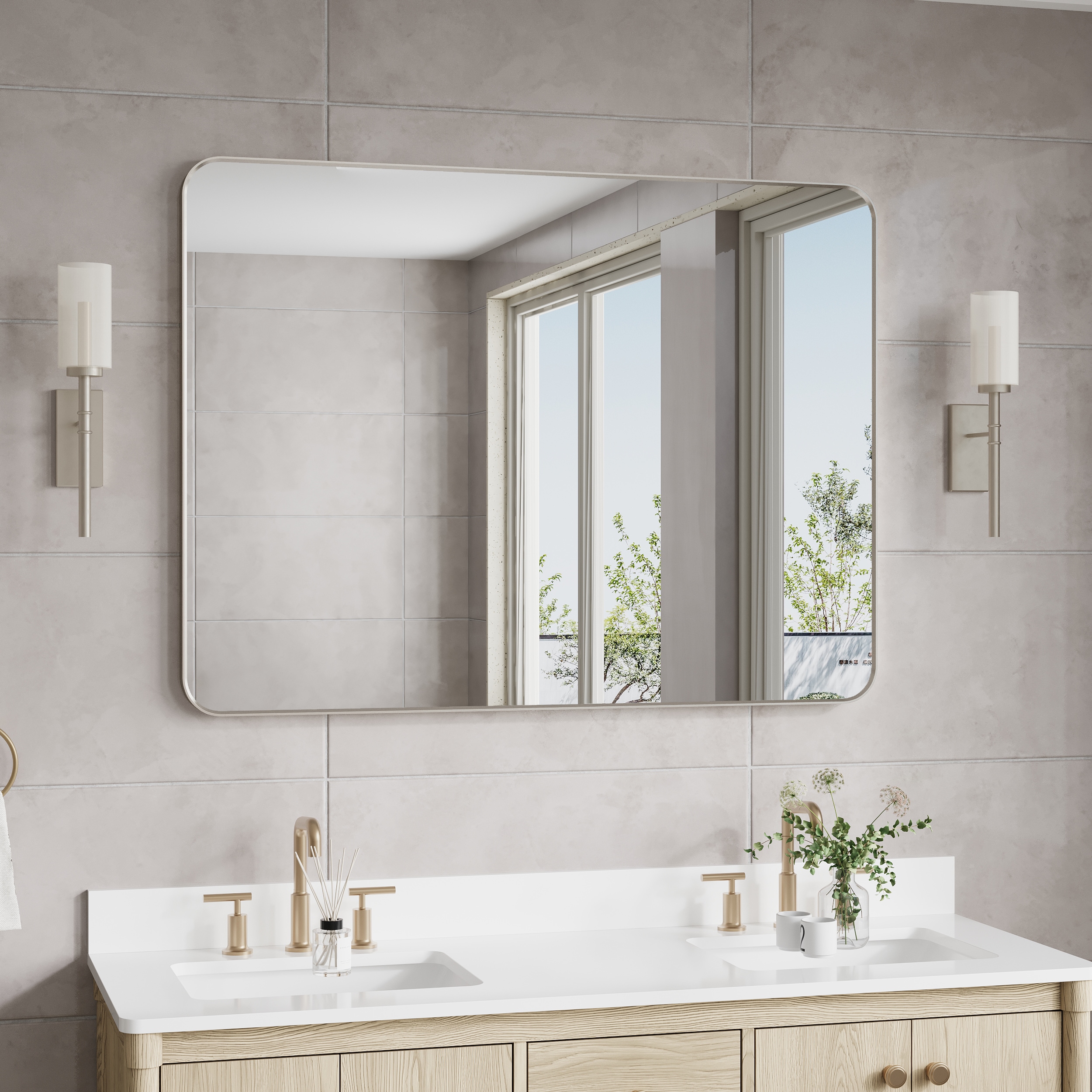 WELLFOR EX-2MC1526LBK Bella 48-in x 36-in Framed Rectangle Bathroom Vanity Mirror ( Brushed Nickel )