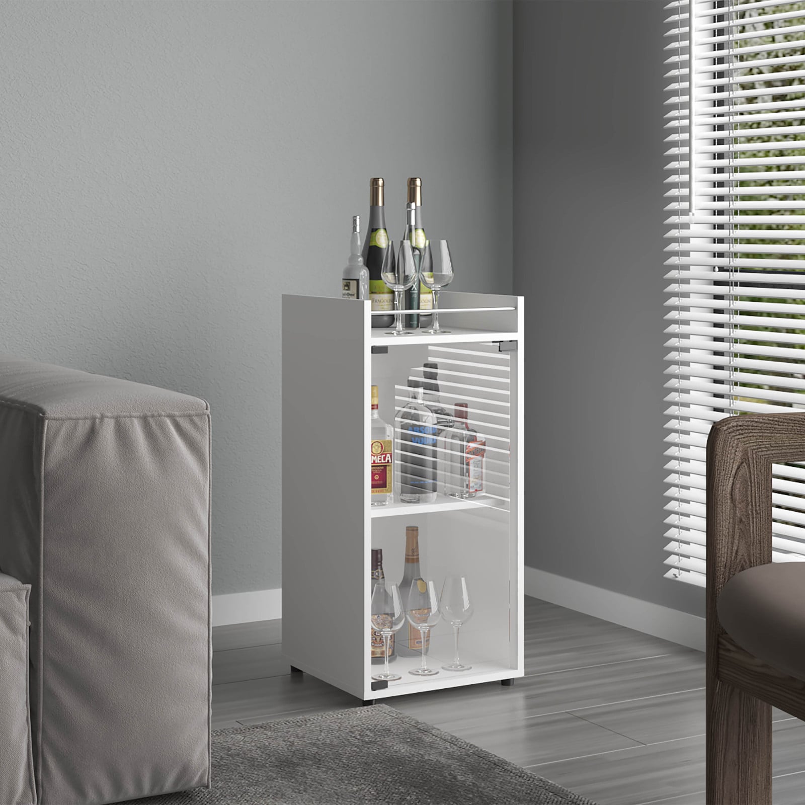 CHITA Modern Wood Bar Cabinet with 1 Door 3 Shelves Glass Doors for Dining Room Kitchen and Home Entertaining White