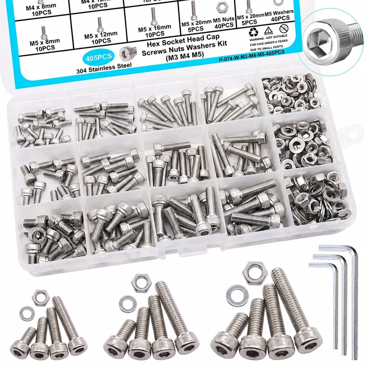 CYIKE 405PCS M3 M4 M5 Metric Screw Assortment Kit Hex Socket Head Cap ...