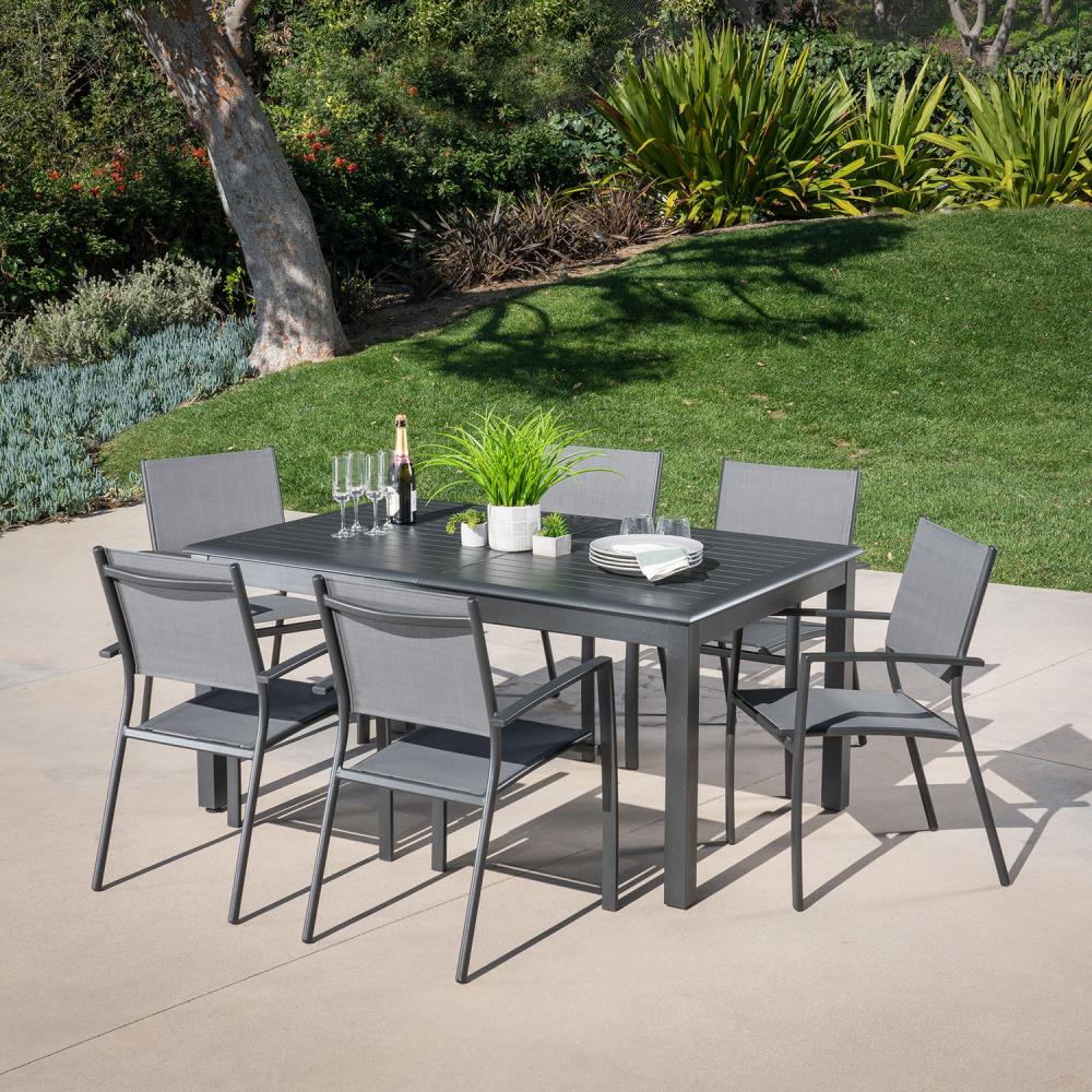 Hanover CAMDN7PC-GRY Cameron 7 -Piece Gray Patio Dining Set Aluminum Rectangle Table with 6 Gray Stackable Stationary Chairs
