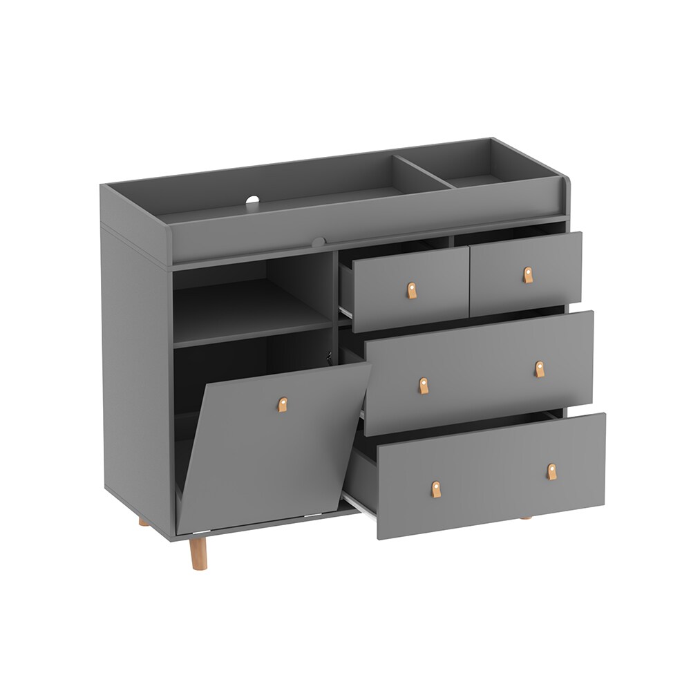Homsee C-KF180081-03 Modern Gray Baby Changing Table with Guardrails 4 Drawers Open Shelf and Tilt Out Hamper Nursery Dresser Organizer with Storage