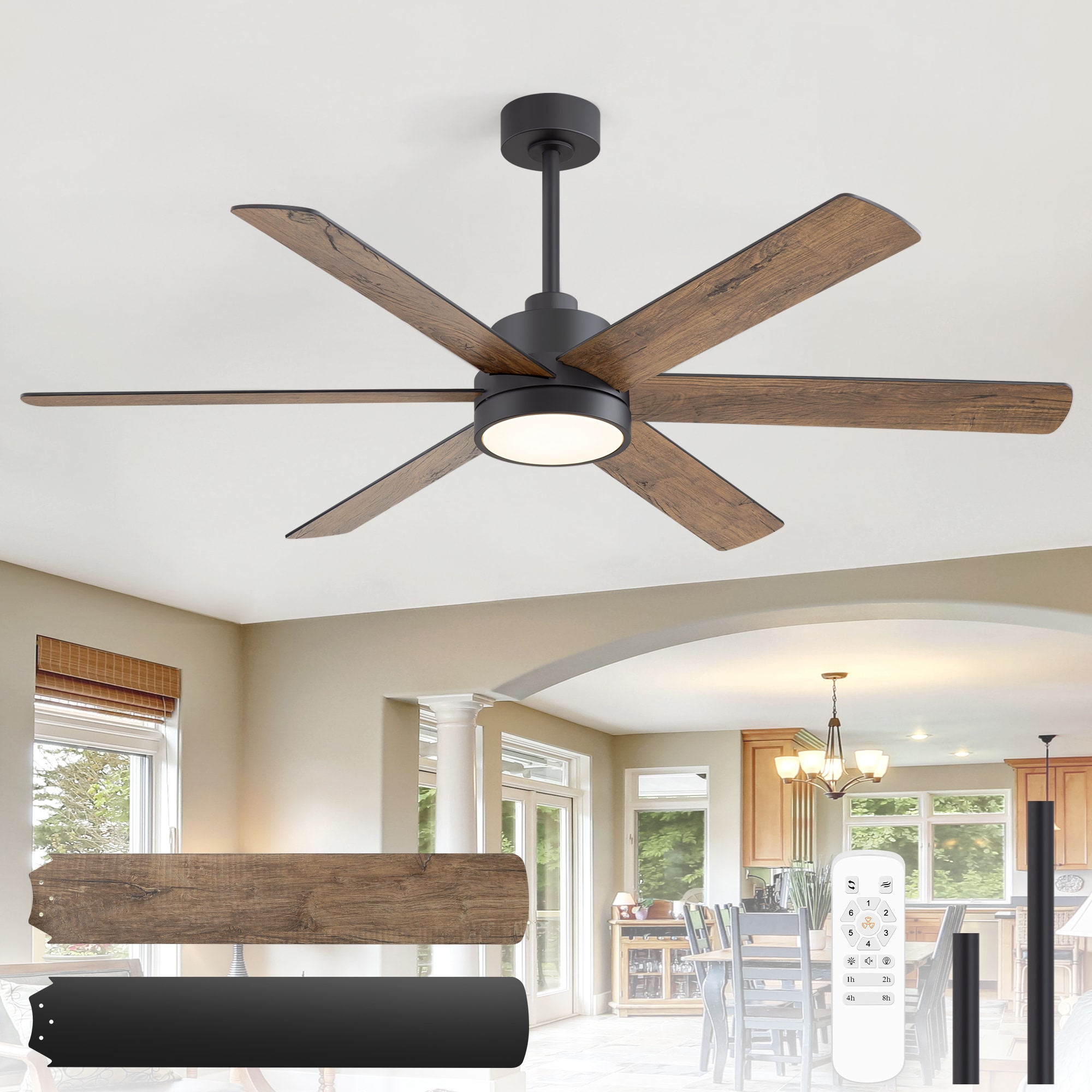 Breezary BZ23017-BLK 60-in Color-Changing Integrated LED Black with Black and Rich Walnut Blades Ceiling Fan With Light 6 -Blade )