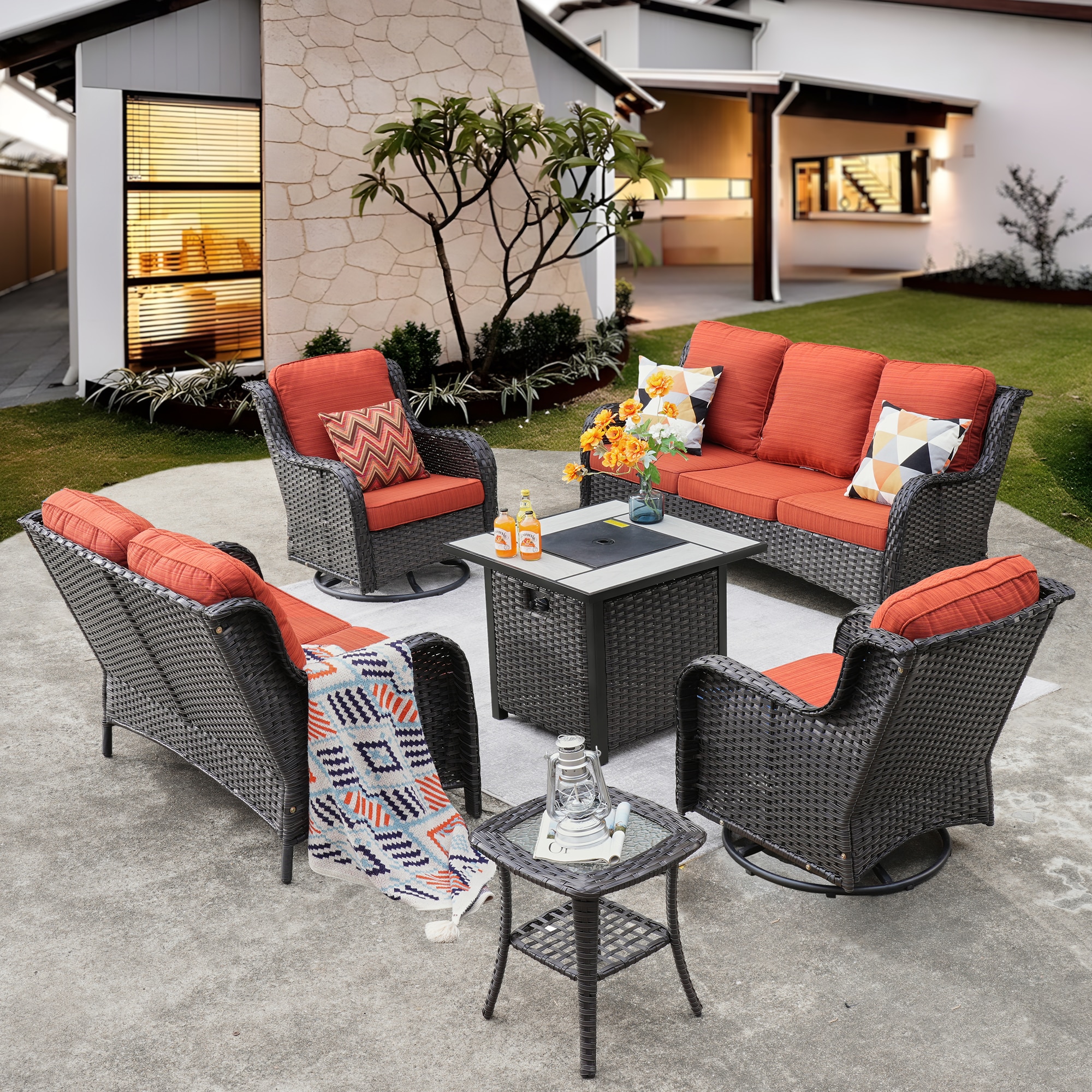 Ovios FPNTC8-6Y 6 -Piece Rattan Patio Sofa Conversation Set with Orange Cushions
