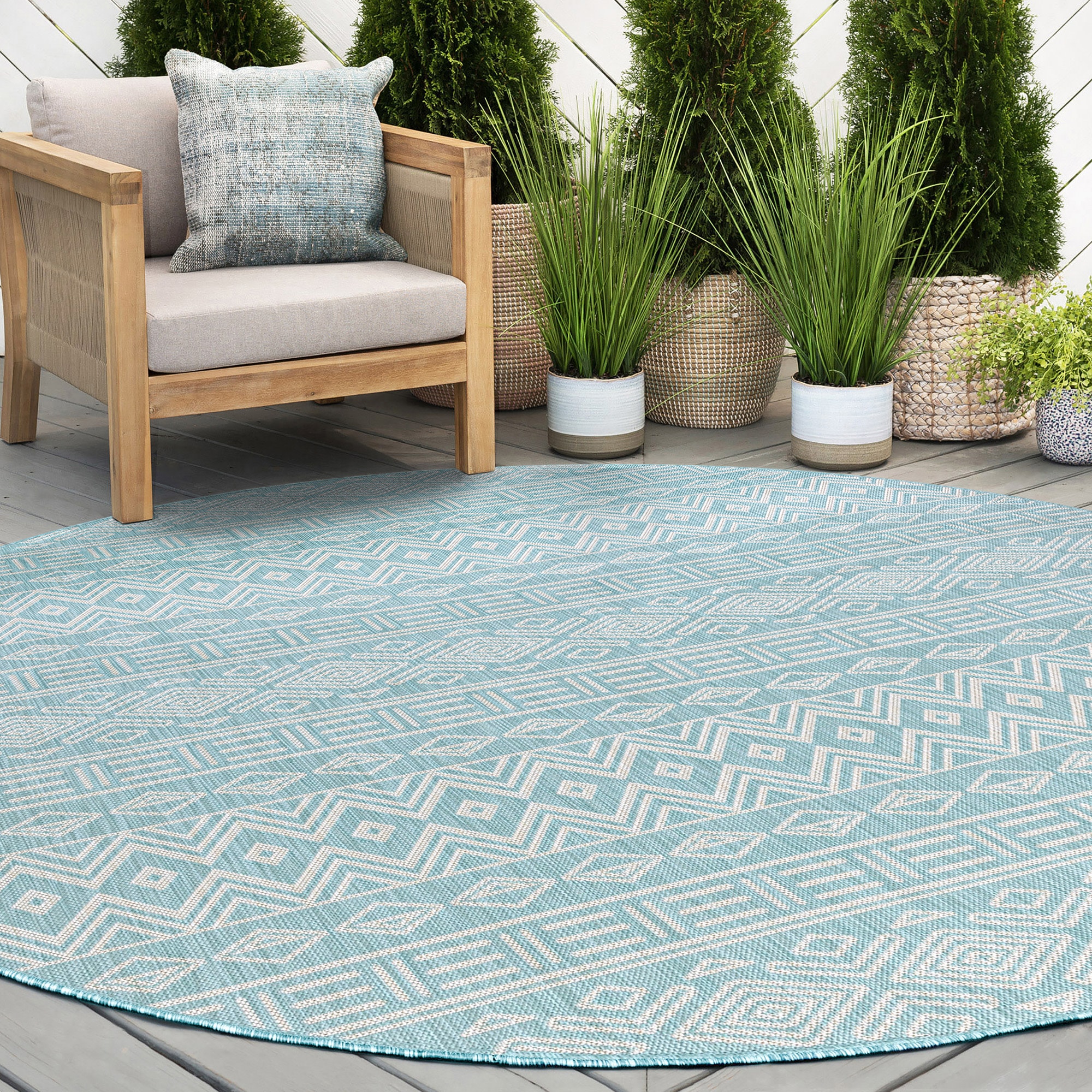 Tayse ECO2019 6RND Eco 6 x 6 (ft) Flatweave Polypropylene Aqua Round Indoor/Outdoor Area rug