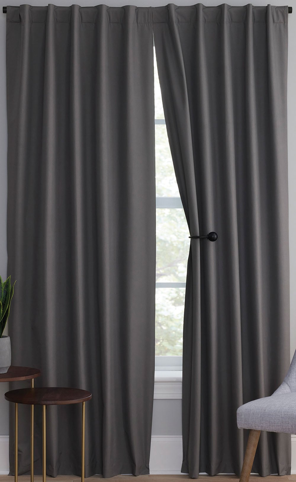 Style Selections X873.35384ZBG/2 84-in Dark Grey Blackout Thermal lined Back tab/Pinch pleat/Rod pocket Curtain panel pair
