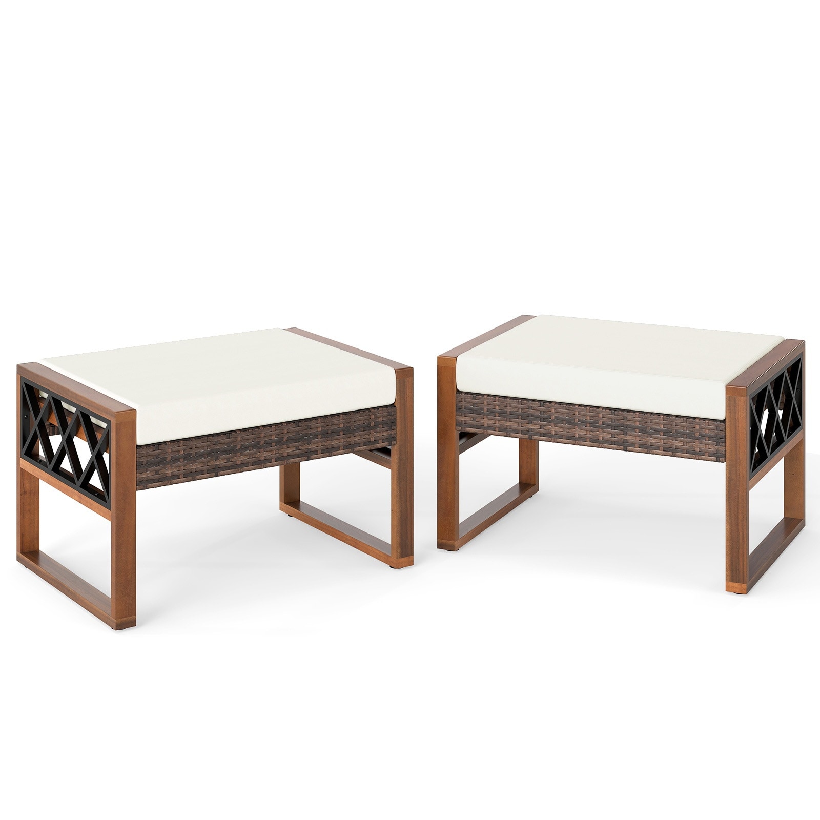 Volenca Set of 2 PE Rattan Wicker Ottomans 26-in W x 19-in D x 16-in H Acacia Wood Handles Hold 400 lb