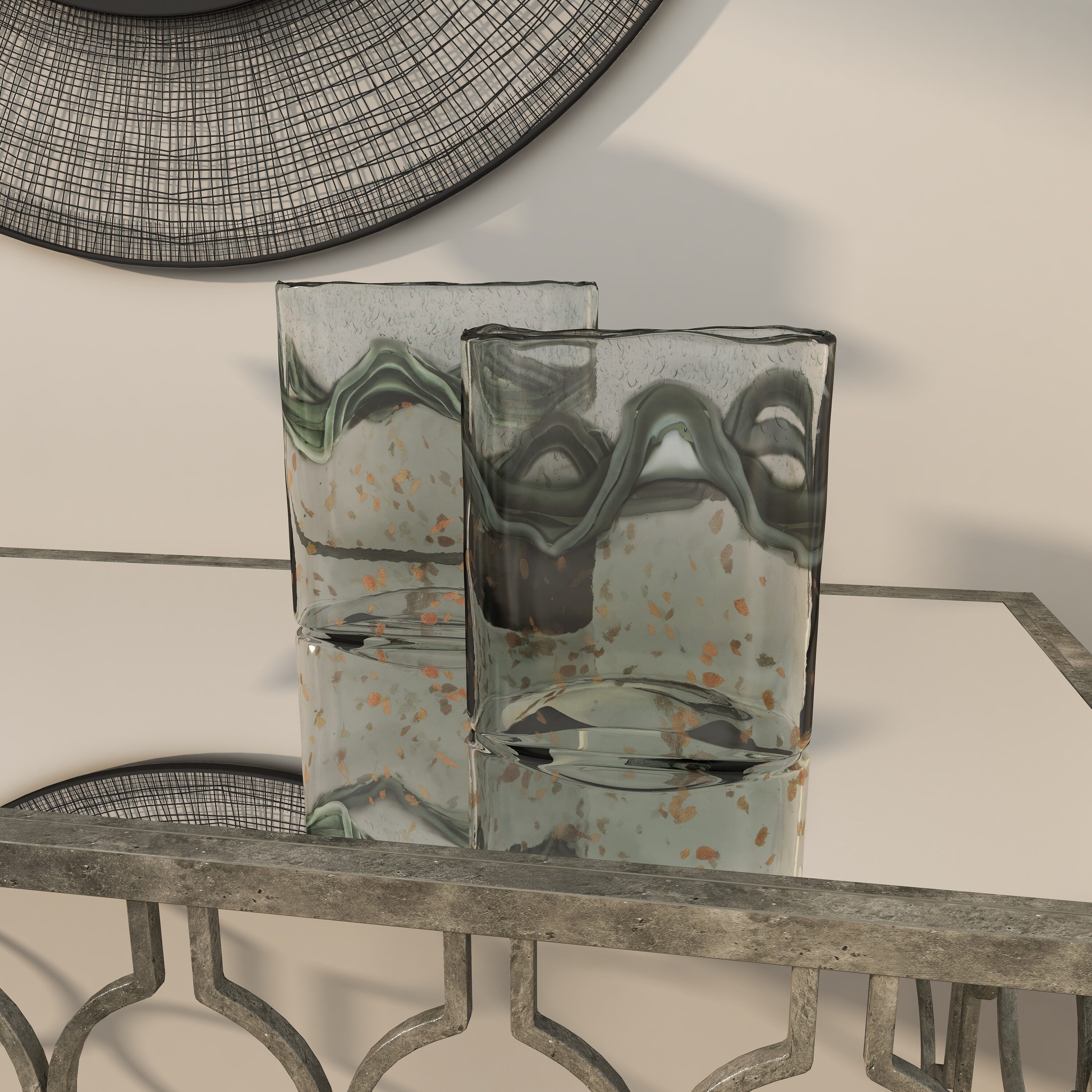Elegant Gray Glass Vase Duo with Speckled Wave Design