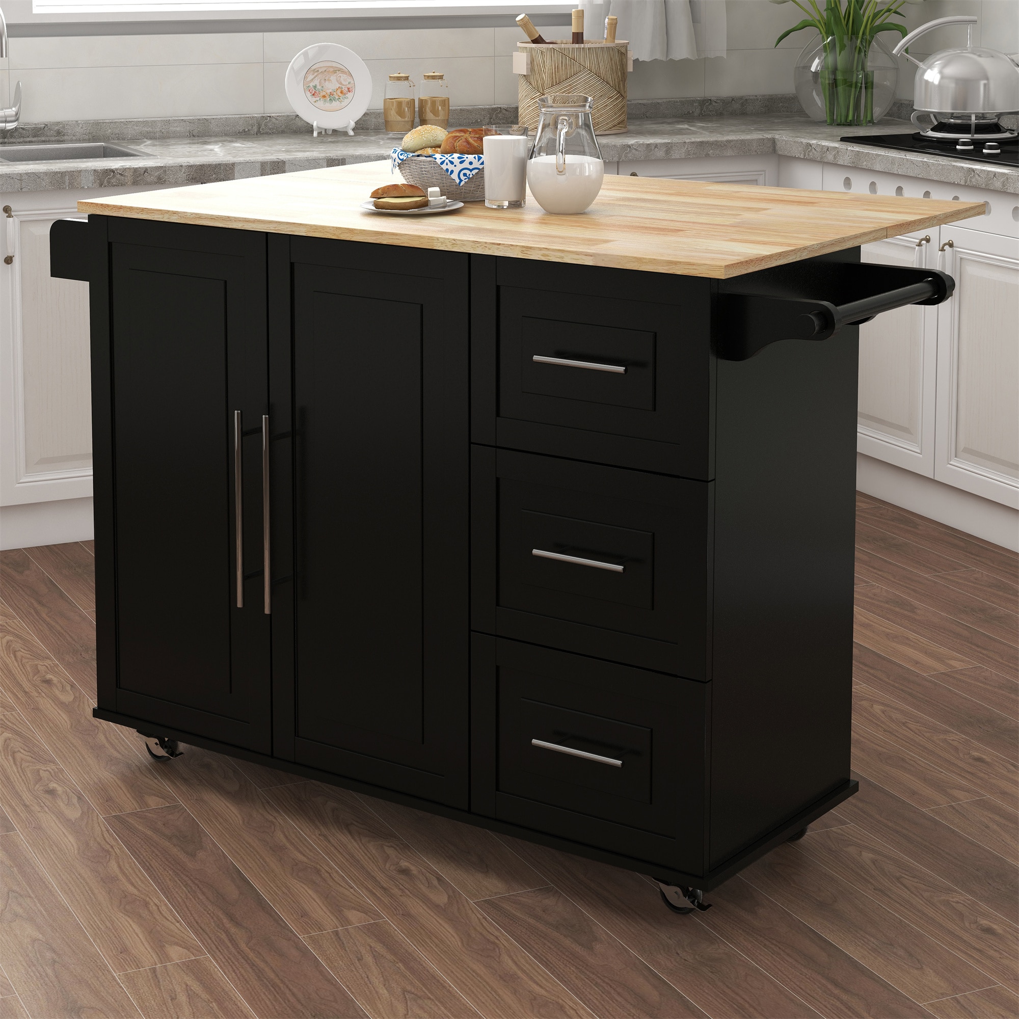 BABOOM Black Mdf Base with Wood Top Rolling Kitchen Island (18.5-in x 48.5-in x 36.5-in)