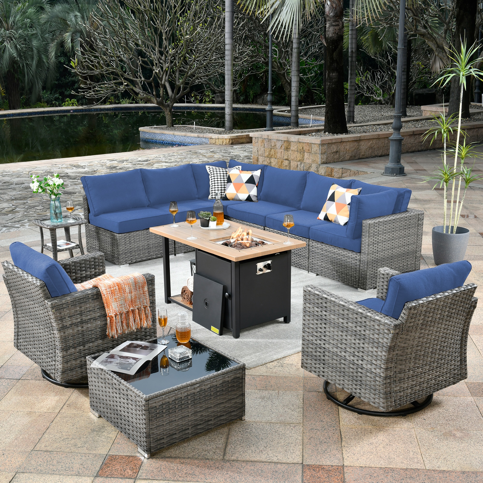 weaxty DCFP03RRSGNTC7011 11-Piece Rattan Patio Conversation Set with Blue Cushions