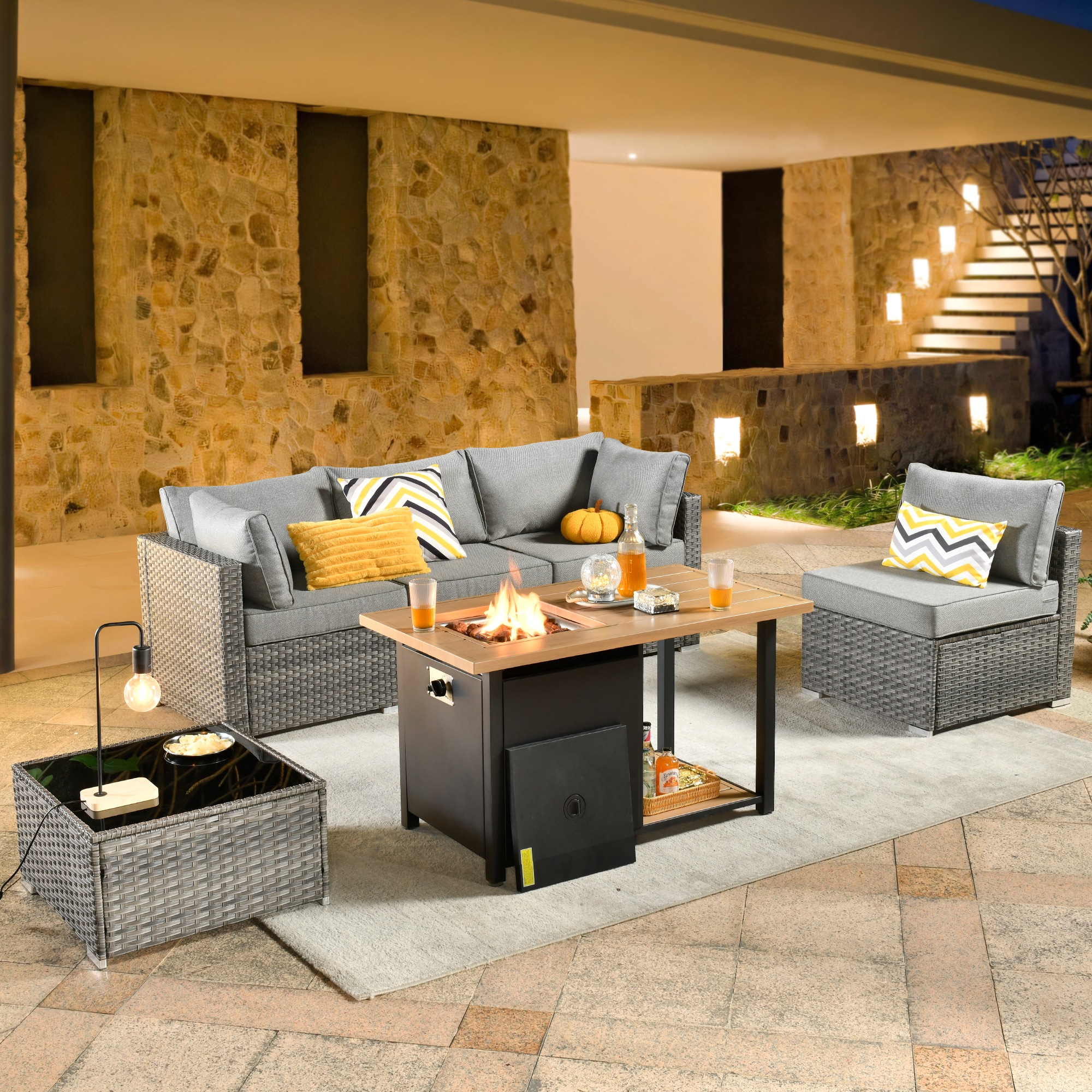 weaxty DDFPRRS206 Kuuga 6-Piece Rattan Patio Conversation Set with Gray Cushions