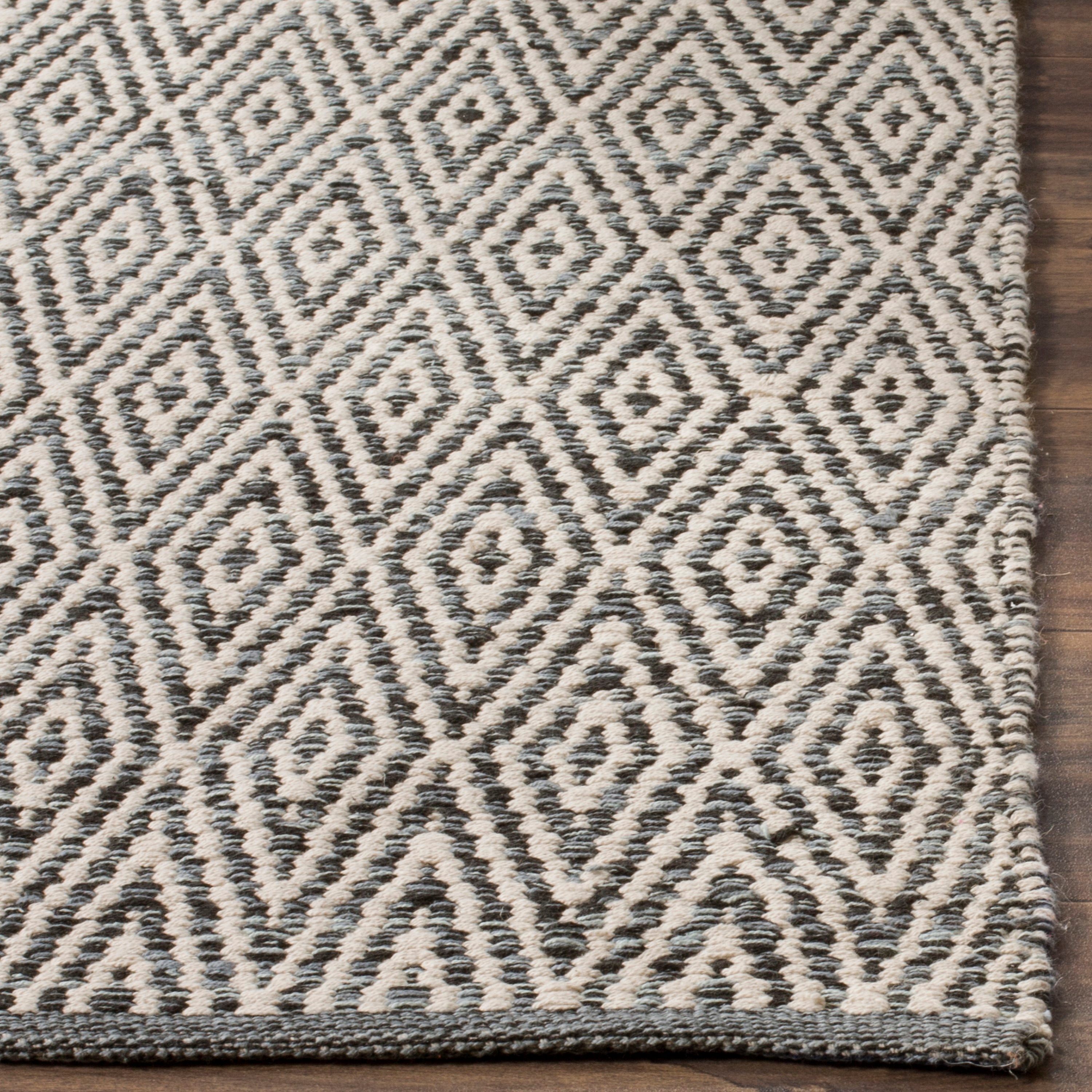 Ivory and Dark Grey Geometric Hand-Woven Wool Cotton Square Rug