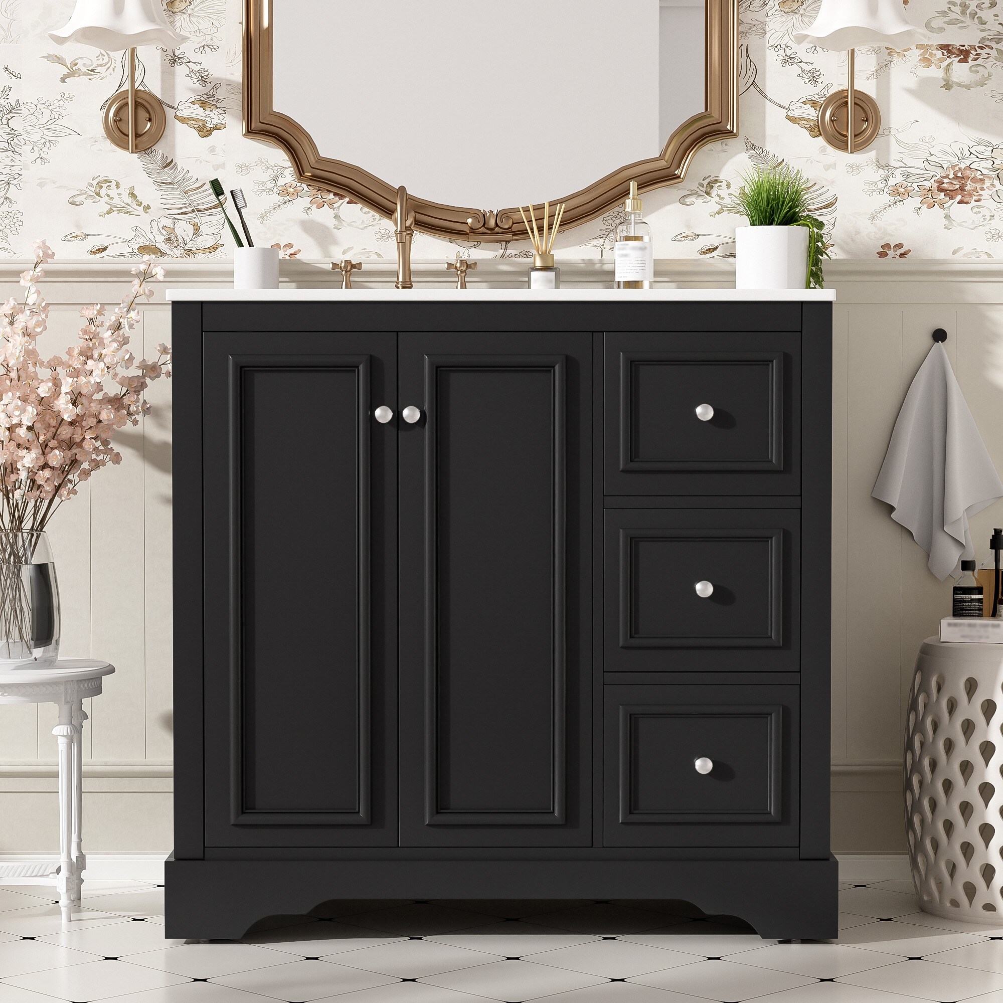 Dexmalle - 36-in Black Modern Freestanding Single Sink Bathroom Vanity with White Ceramic Top