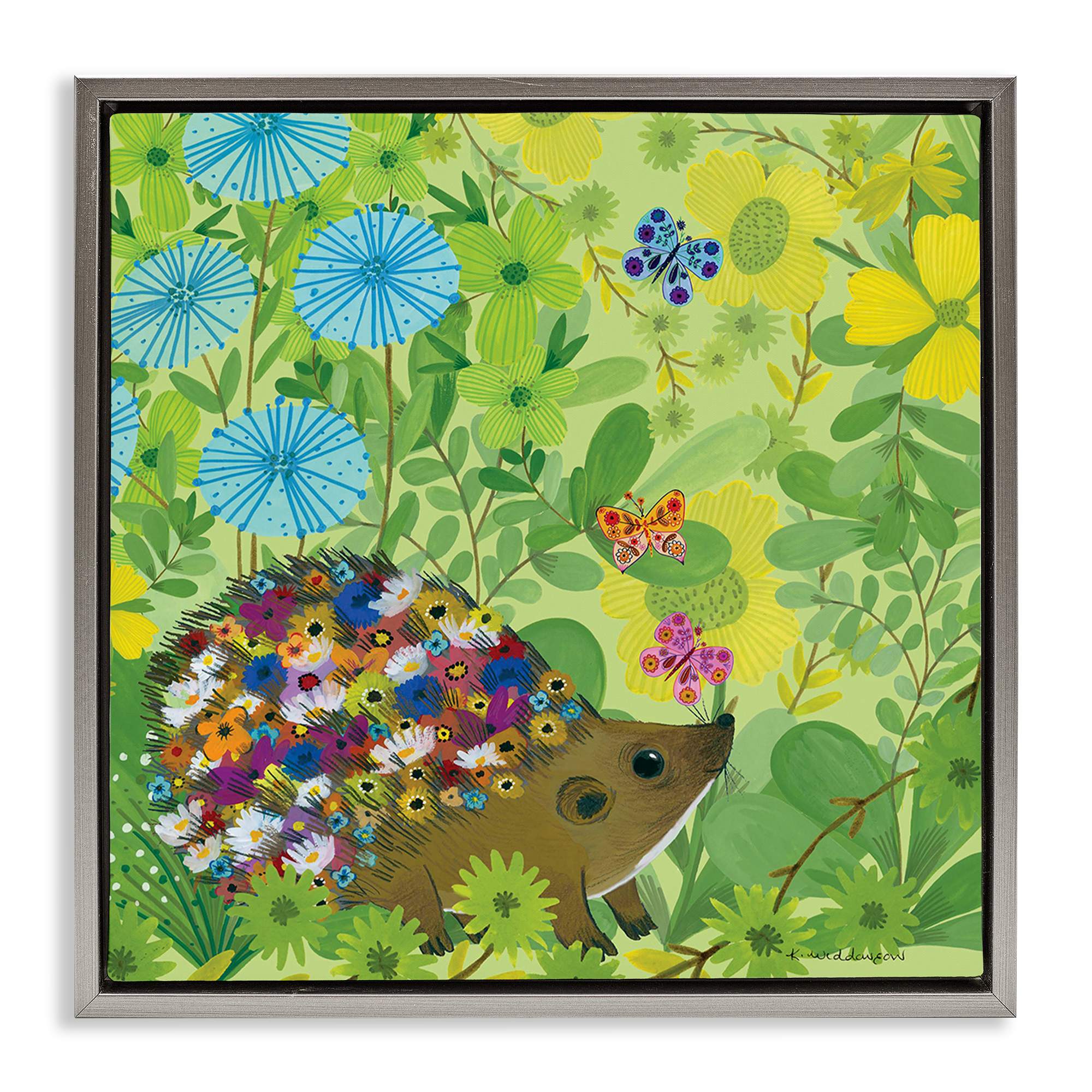 Stupell Industries BS-608-FFL-17X17 Happy Hedgehog and Flowers Gray Framed Floater Canvas Wall Art By Kay Widdowson 18 x 18