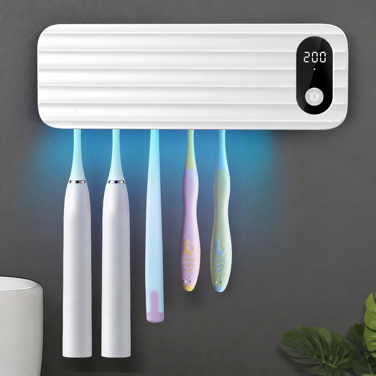 Phyfalip  Toothbrush Cleaner Holder Organizer Wall Mounted Five Slot Bathroom Family Timer Function No Drill Installation Smart Storage