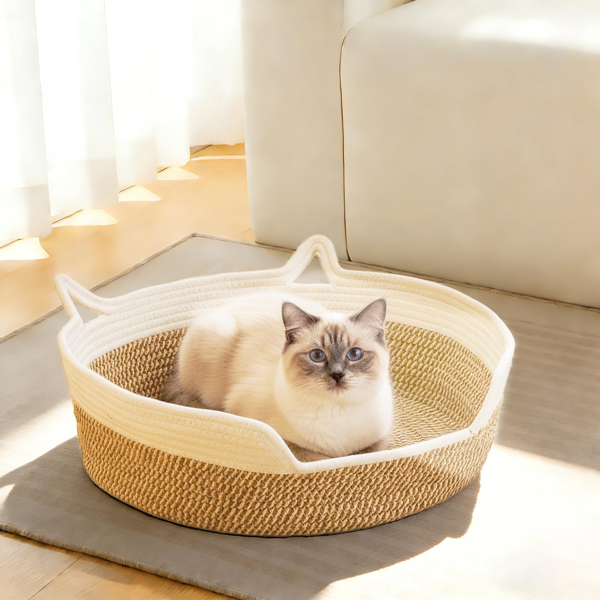 UUDULY  Woven Cotton Rope Cat Toy Basket Organizer with Handles Pet Storage Bin for Toys Blankets Leashes Beds Foldable Durable Easy Clean