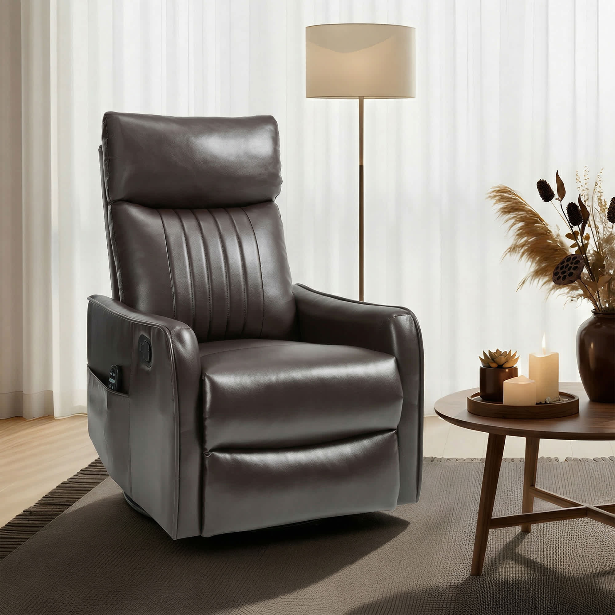 Vynxaria Blue Chenille Recliner Chair - 360-Degree Swivel Rocker