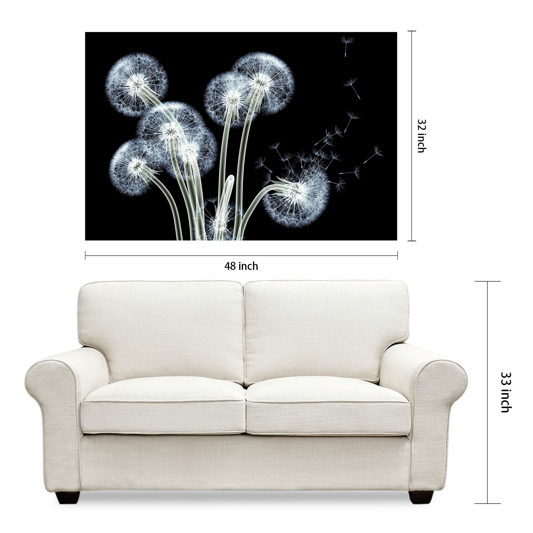 Dancing Dandelions Black and White Tempered Glass Wall Art