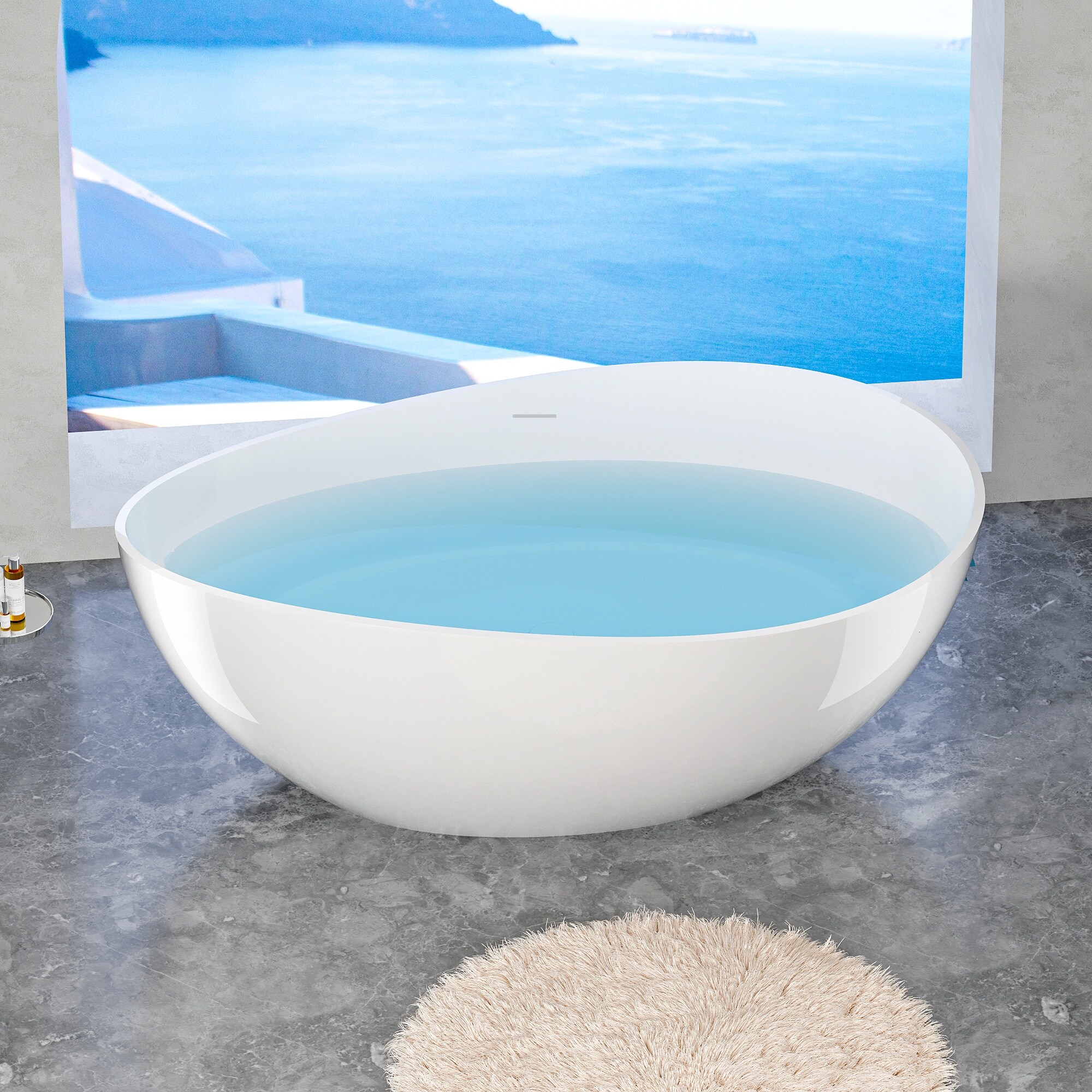 Vorene 63-in Freestanding Solid Surface Bathtub Luxury Stone Resin Overflow Drain Glossy White