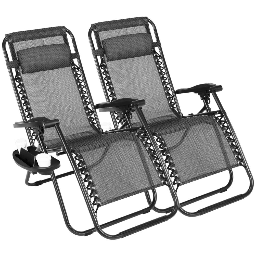 Clihome Set Of 2 Metal Black Zero Gravity Chairs Outdoor Patio Beach Camping Folding Recliner Chair With Cup Holder And Pillow In The Patio Chairs Department At Lowes Com