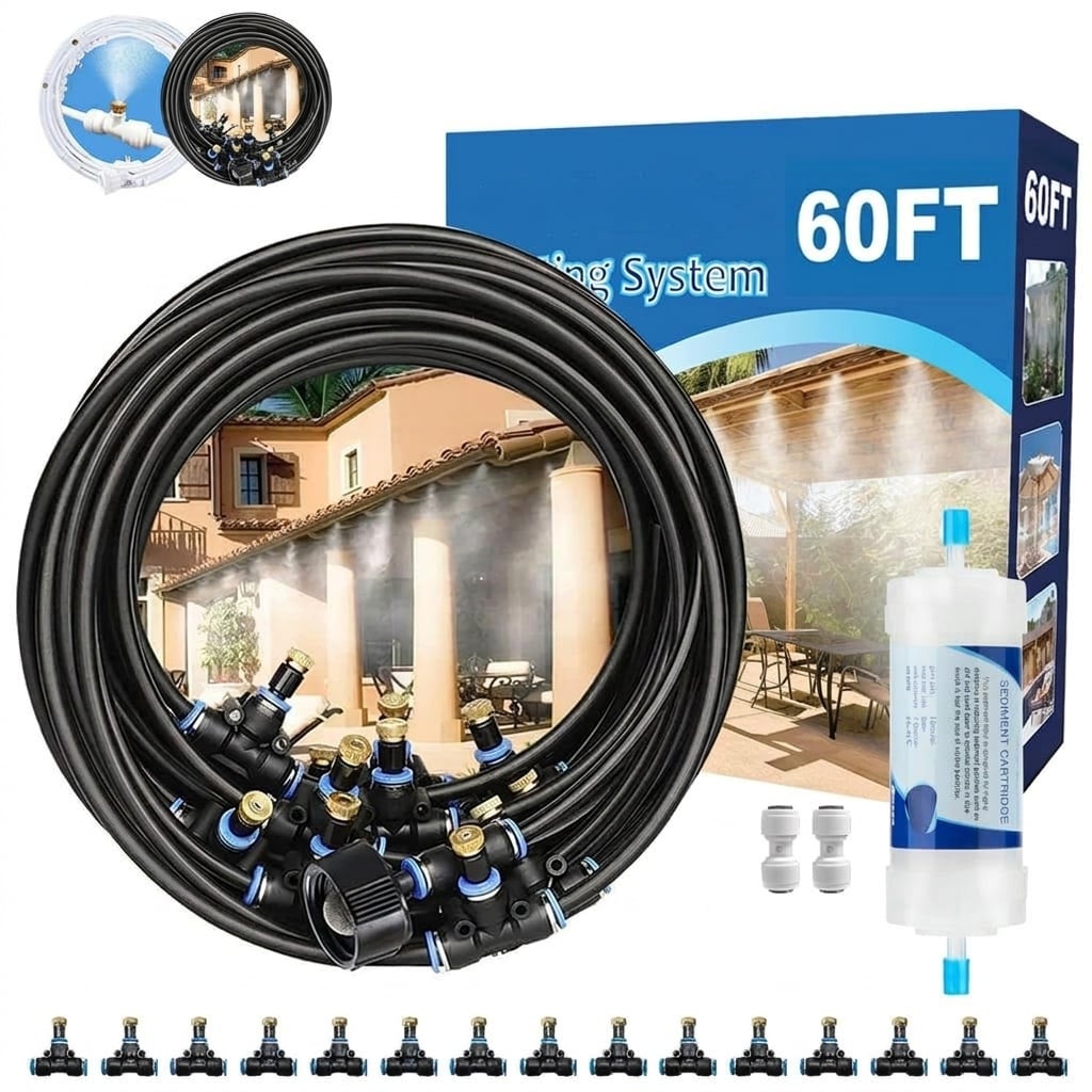 Adrinfly -  60FT 18M Outdoor Patio Misting Cooling System Kit with 15 Brass Nozzle T Joints Water...