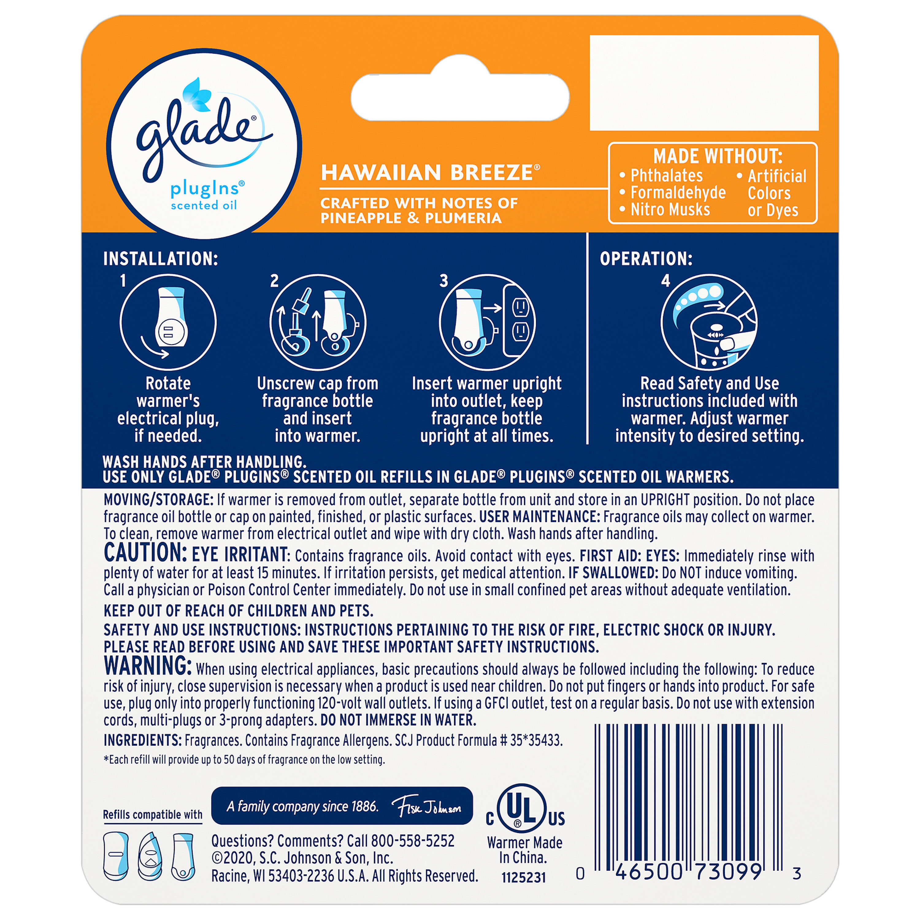 Glade PlugIns Scented Oil Refill, Hawaiian Breeze, Essential Oil Infused  Wall Plug In, 3.35 fl oz, 5 ct