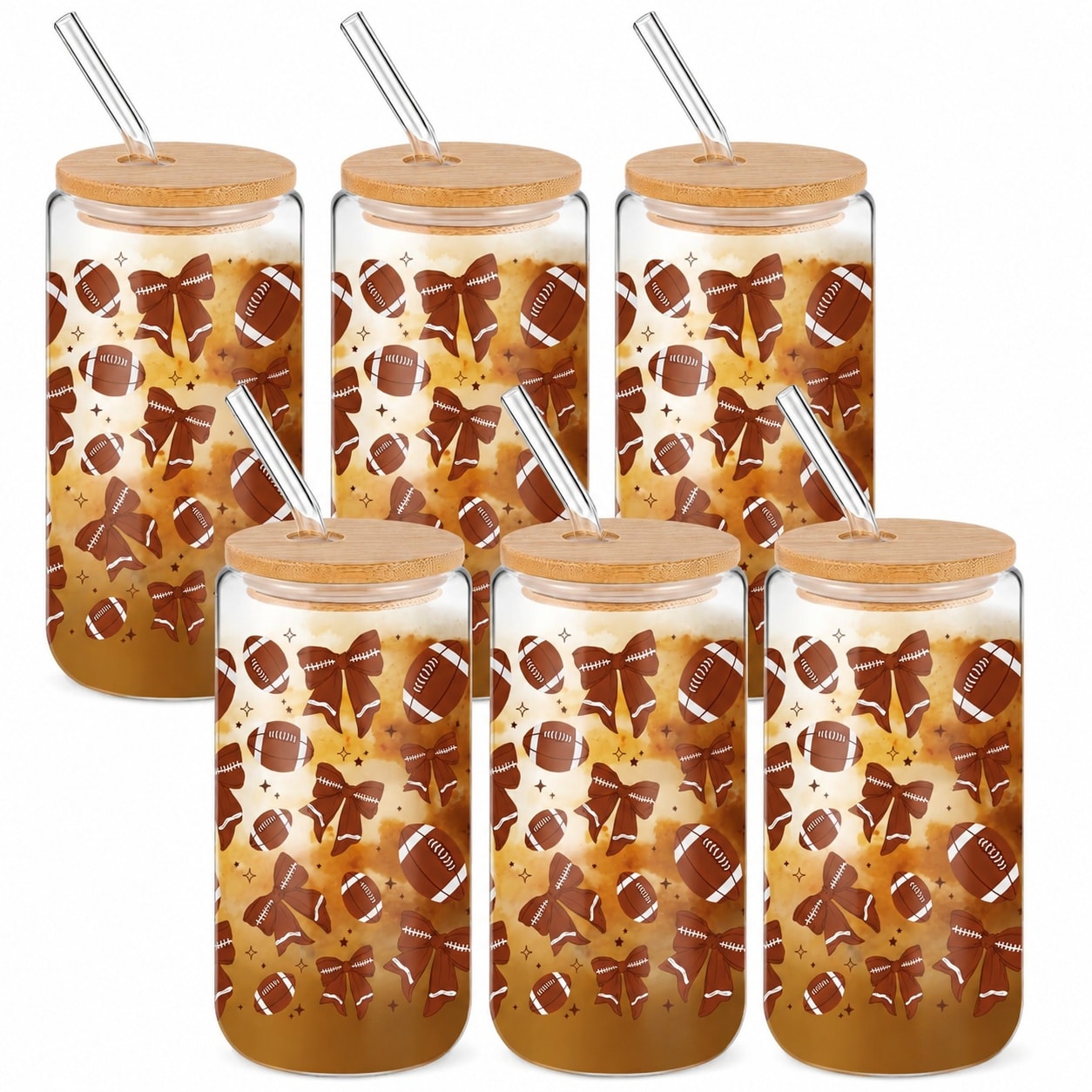 Aoibox  6 Pack 16 oz Football Glass Cups with Bamboo Lids and Straws Reusable Iced Coffee Sports Party Jars