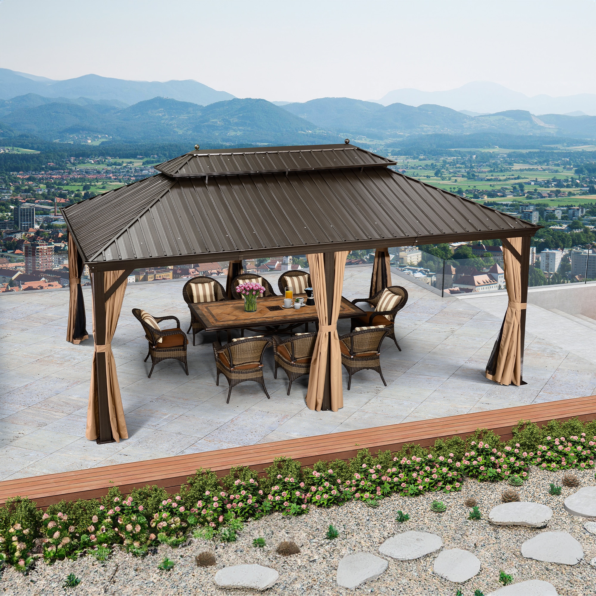PURPLE LEAF LSMHS1220DB 20-ft x 12-ft Khaki Rectangle Gazebo with Hardtop Steel Roof (Screen Included)