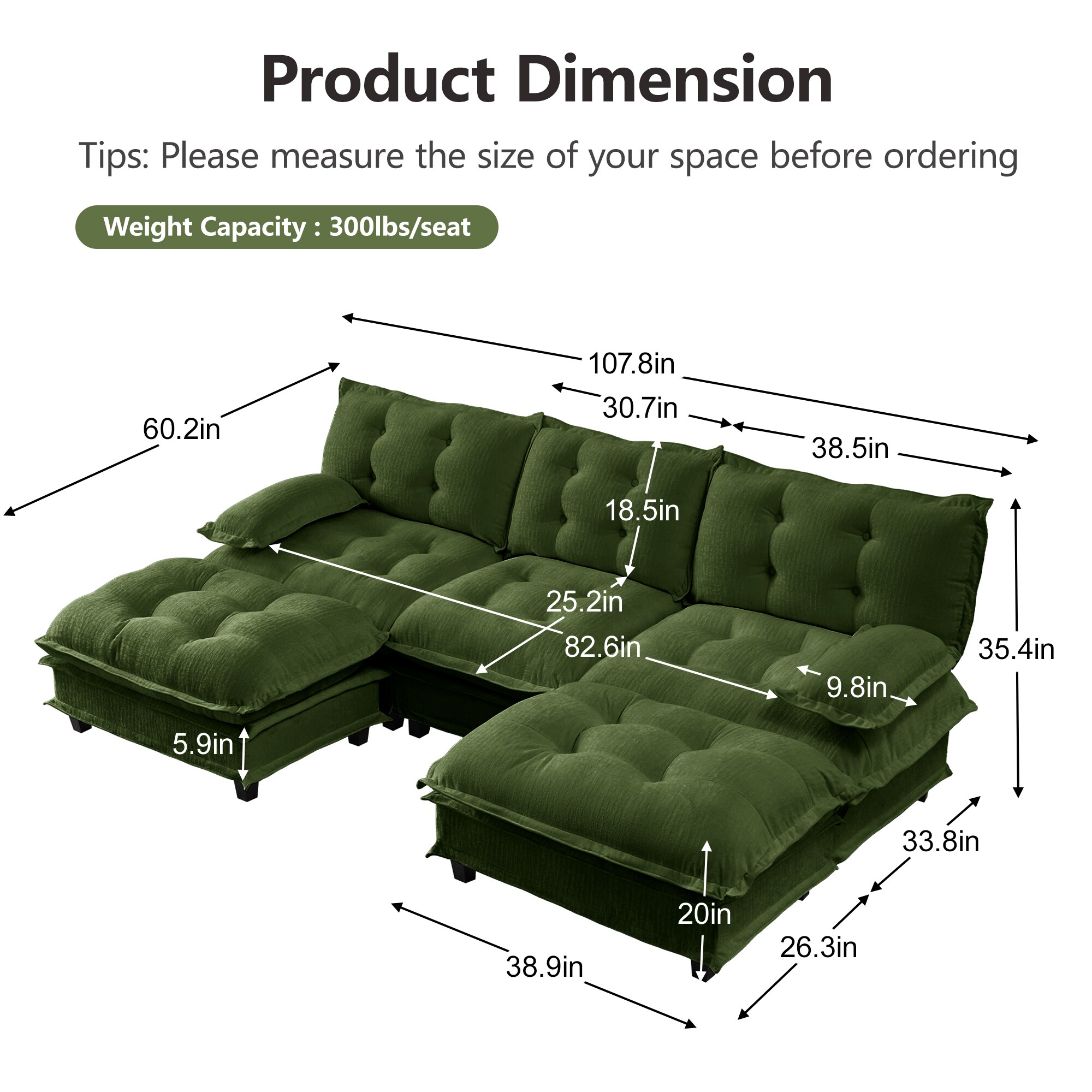 Homy Casa CHILL 107-in W Modular U-Shape Sofa with 2 Ottomans 3-Seater ...