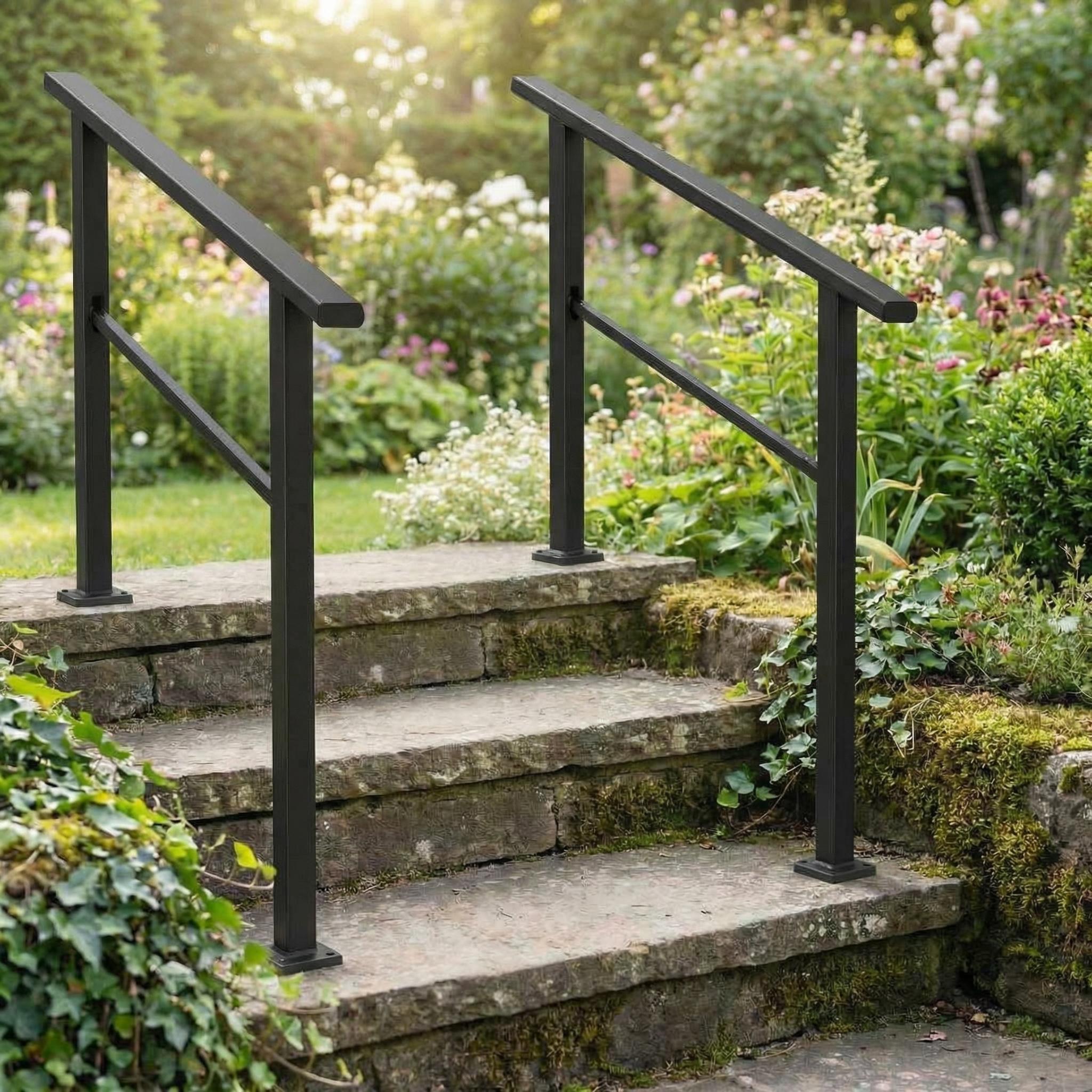 Encore Beets 2 PCS Outdoor Step Handrail 3 Step Stair Railing Black ...