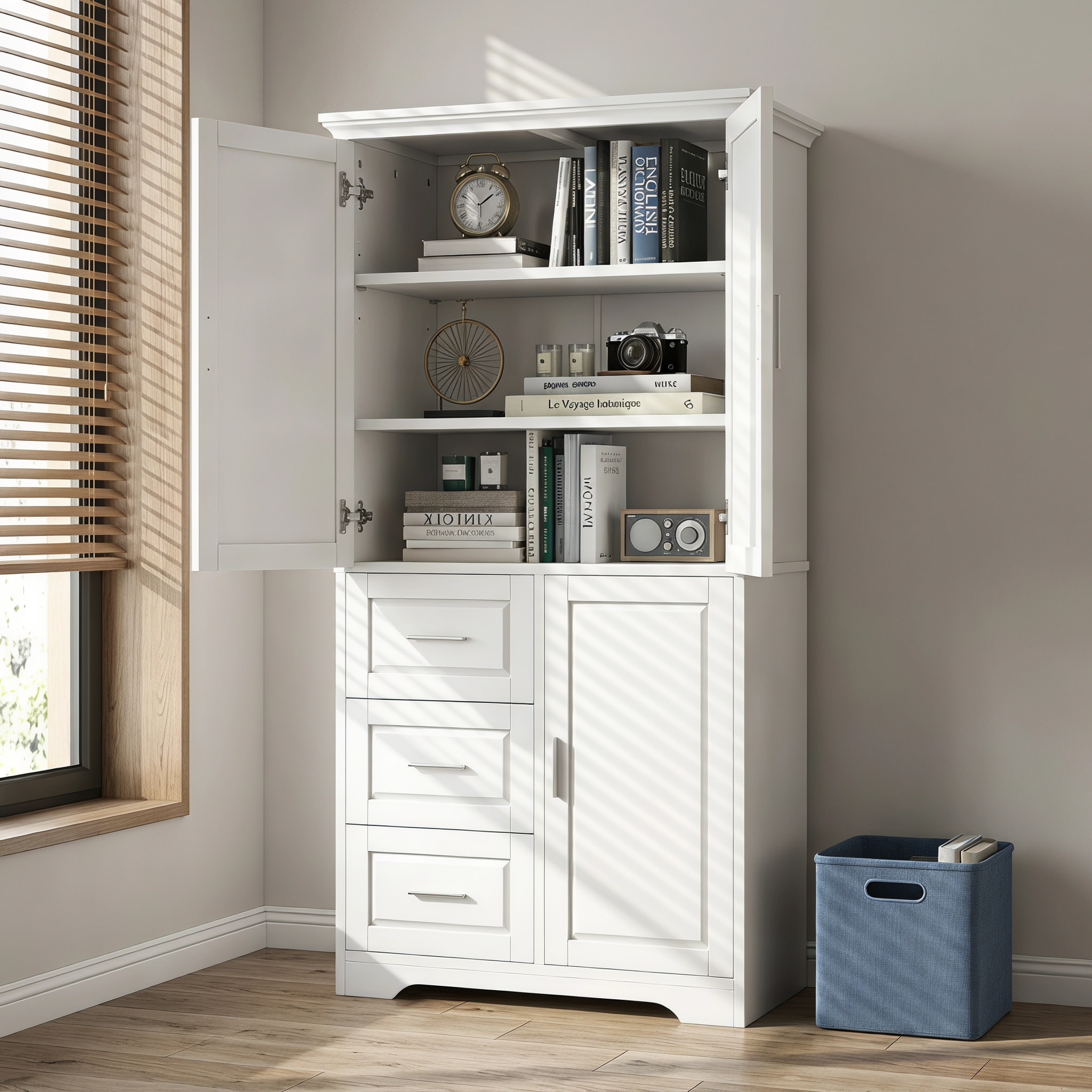 Watnature  White Tall Wide Storage Cabinet with 3 Drawers and Cabinet Doors for Bathroom Office Storage