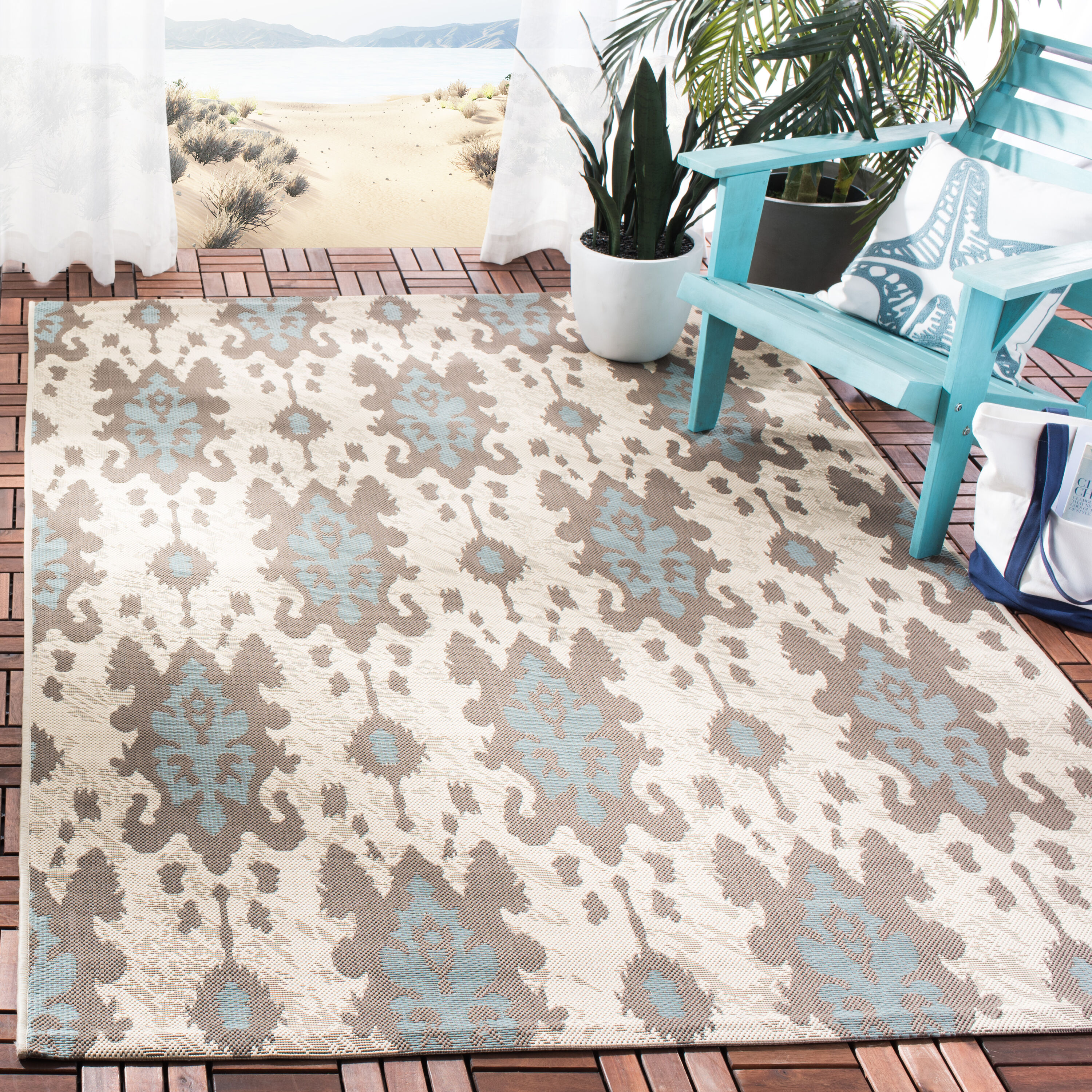 Safavieh CY7276-79A18-3 Courtyard Louann 3 x 5 (ft) Loomed Polypropylene Beige Dark Beige/Aqua Weft Rectangular Indoor/Outdoor Abstract Coastal Throw rug
