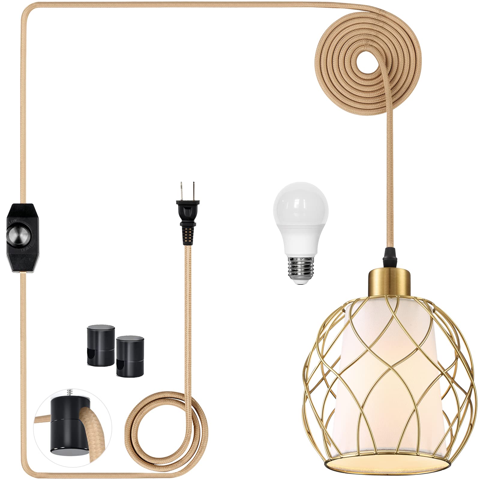 Aoibox  Gold Plug In Pendant Light with Linen Shade and Wire Cage Dimmable Switch 15 ft Braided Cord E26 Bulb Included